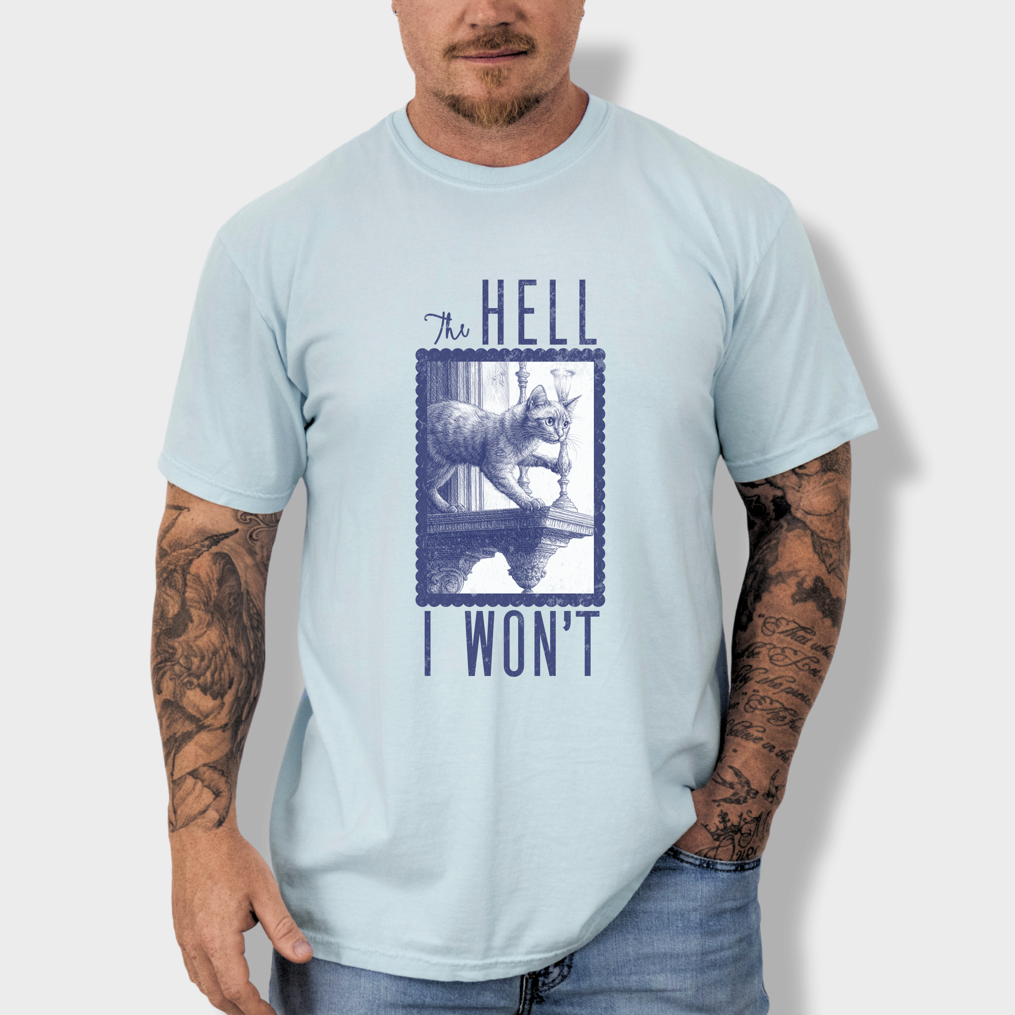 Western The Hell I Won't Cat Edition Cat Line Art Comfort Colors T-Shirt in Chambray-Fetch N Found