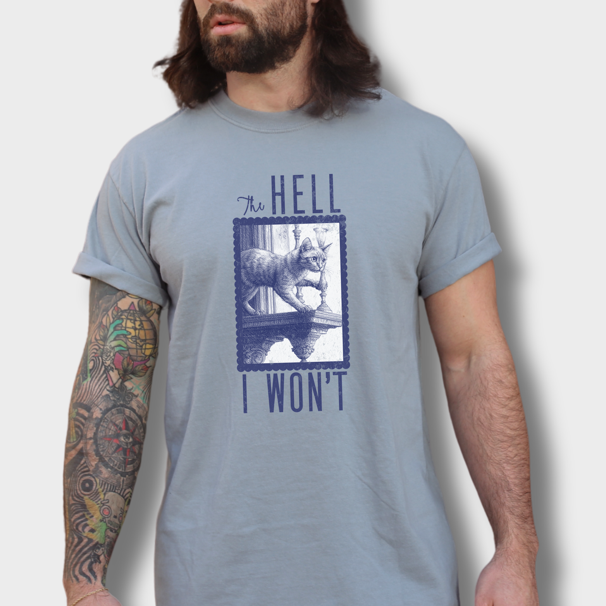 Western The Hell I Won't Cat Edition Cat Line Art Comfort Colors T-Shirt in Granite-Fetch N Found