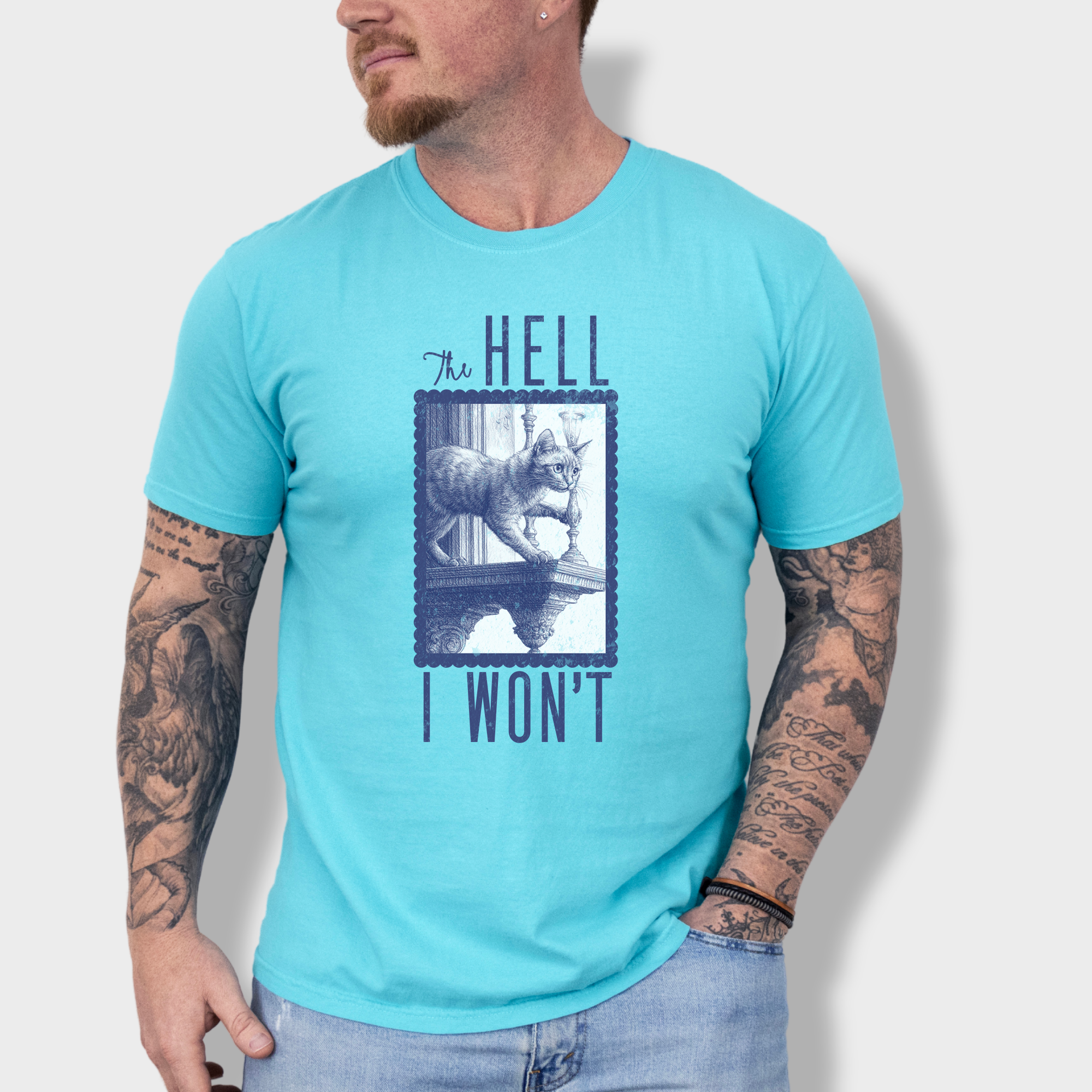 Western The Hell I Won't Cat Edition Cat Line Art Comfort Colors T-Shirt in Lagoon Blue-Fetch N Found