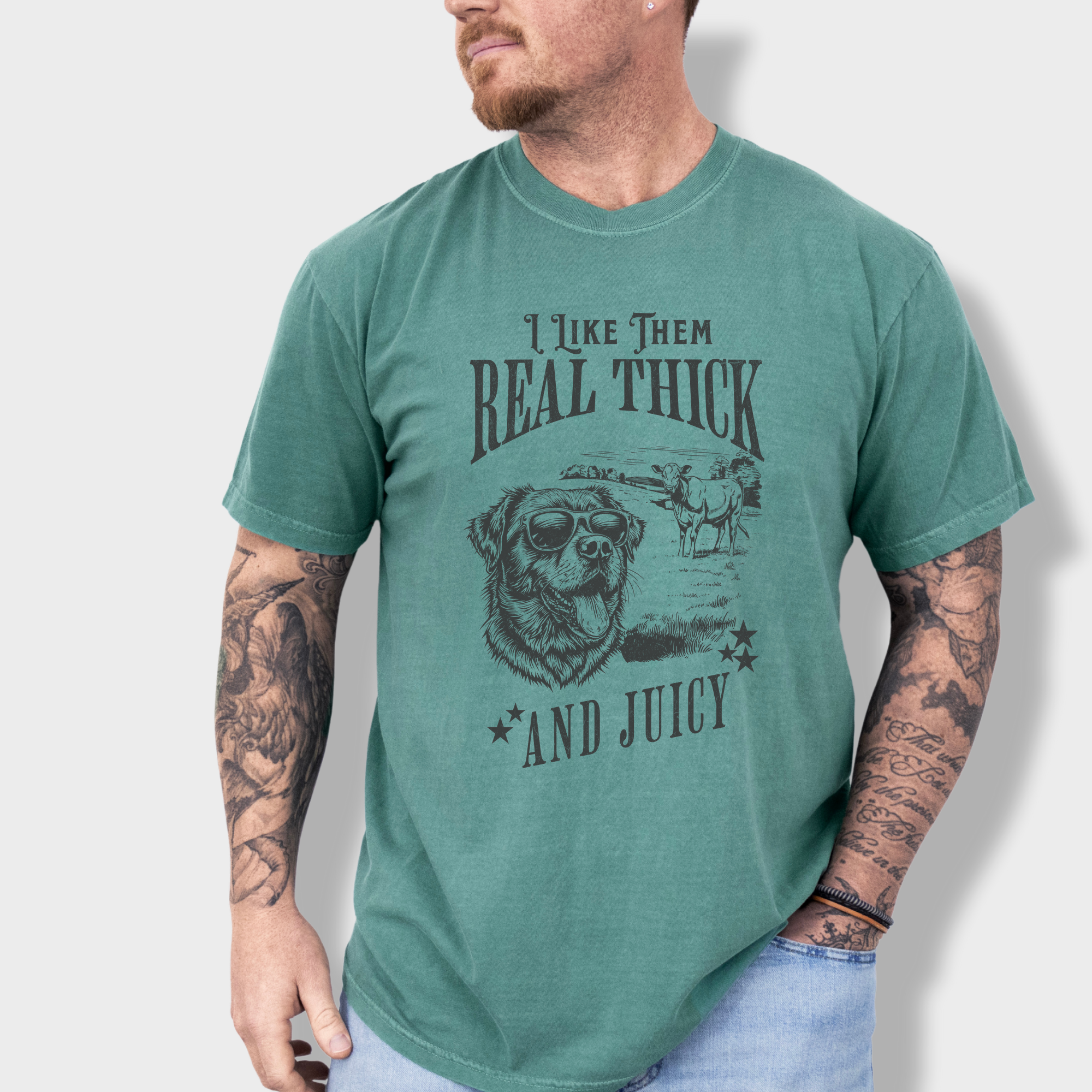 Retro-style dog T-shirt featuring a cool sunglasses-wearing dog, a cow in the background, and a funny hip-hop-inspired quote