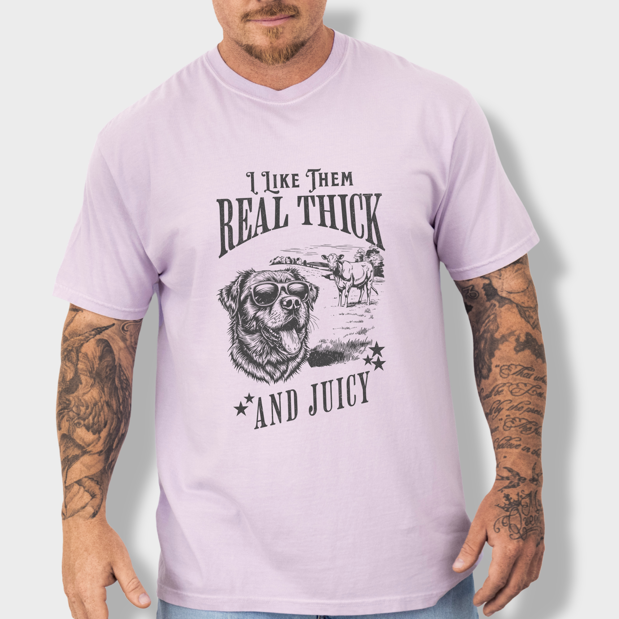 Retro-style dog T-shirt featuring a cool sunglasses-wearing dog, a cow in the background, and a funny hip-hop-inspired quote