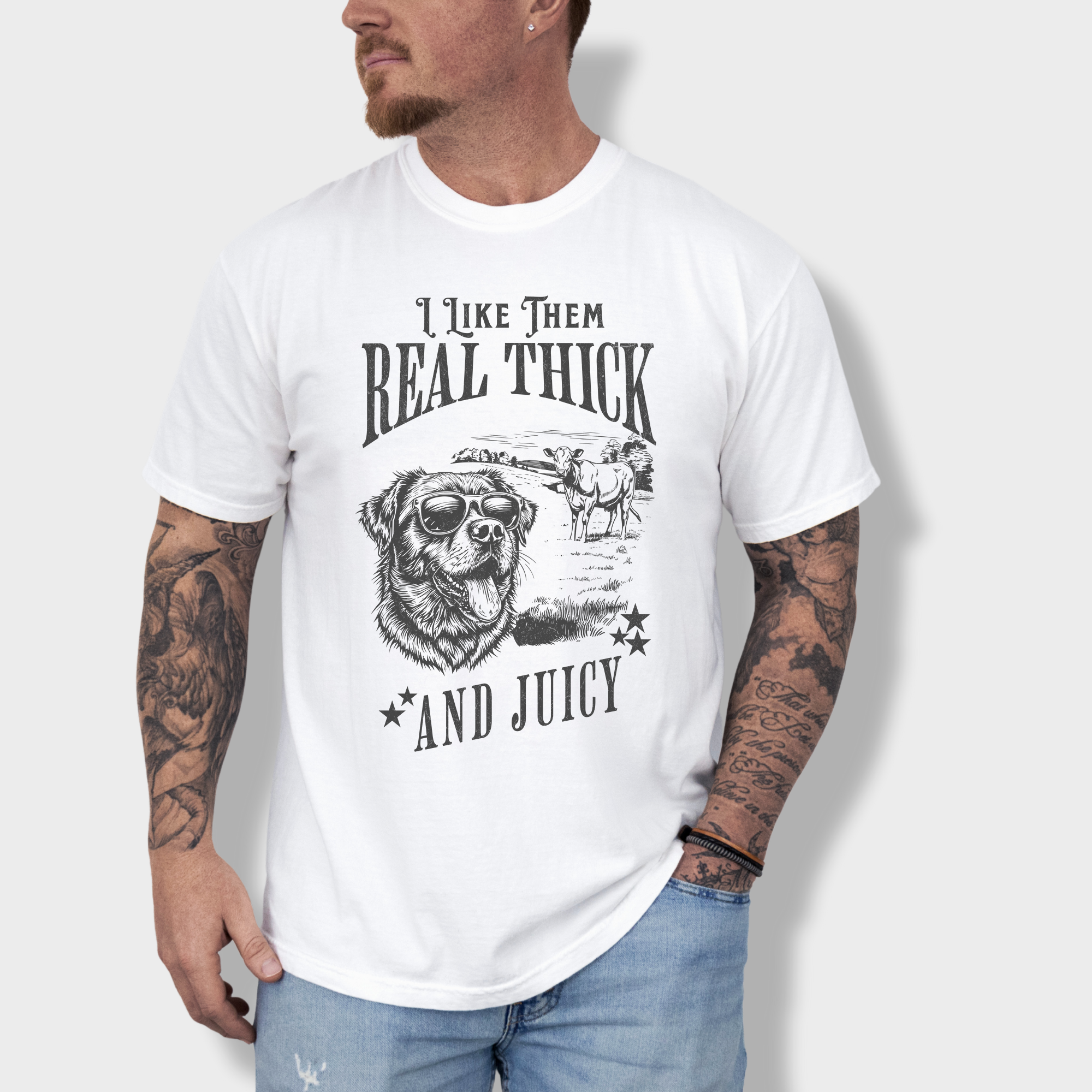 Funny vintage dog lover’s T-shirt featuring a stylish pup in sunglasses with a cow in a field, captioned with a playful music reference.