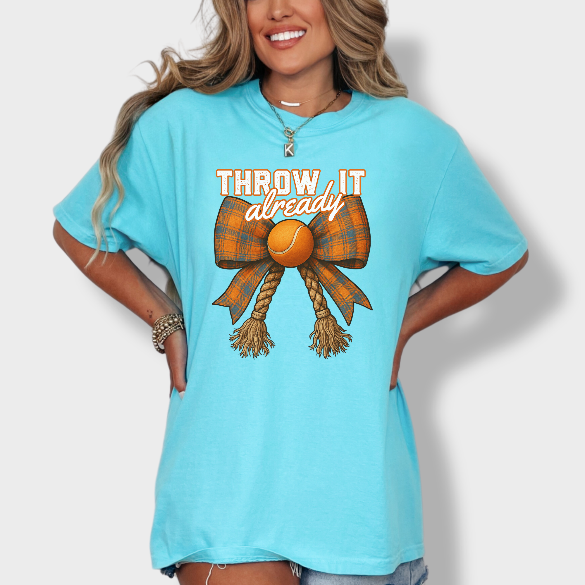 Western Throw It Already Dog Chew Toy Bow Dog Bow Comfort Colors T-Shirt in Lagoon Blue-Fetch N Found