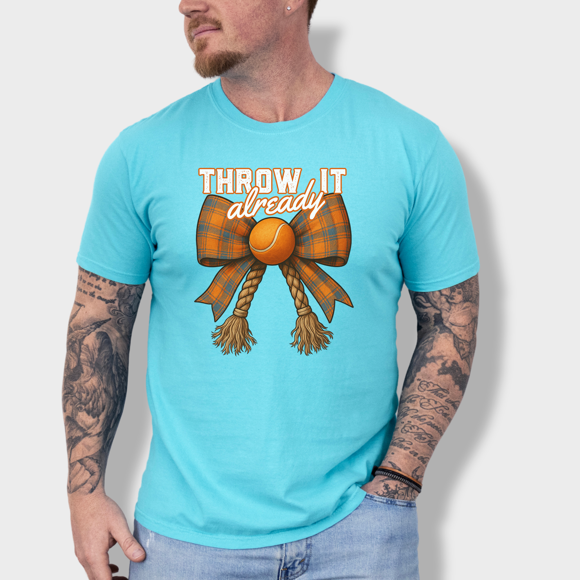 Western Throw It Already Dog Chew Toy Bow Dog Bow Comfort Colors T-Shirt in Lagoon Blue-Fetch N Found