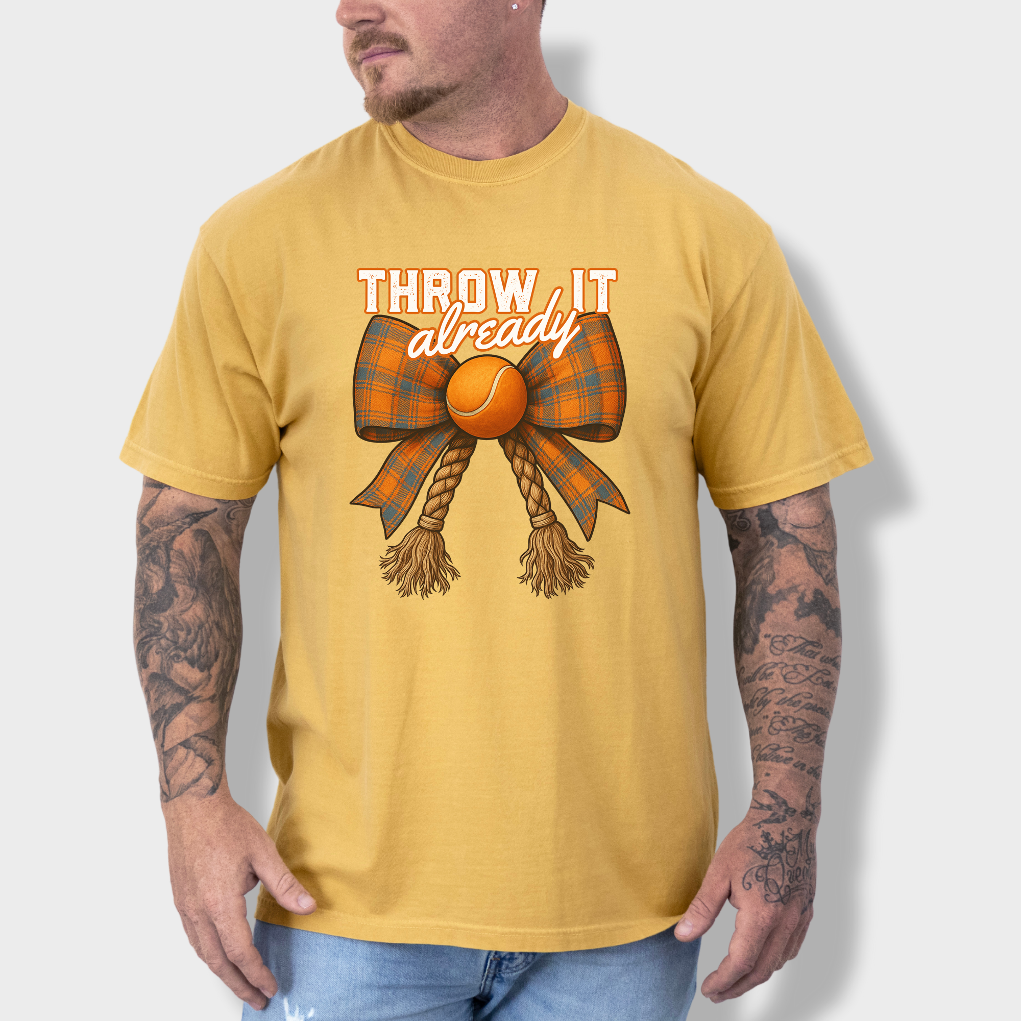 Western Throw It Already Dog Chew Toy Bow Dog Bow Comfort Colors T-Shirt in Mustard-Fetch N Found
