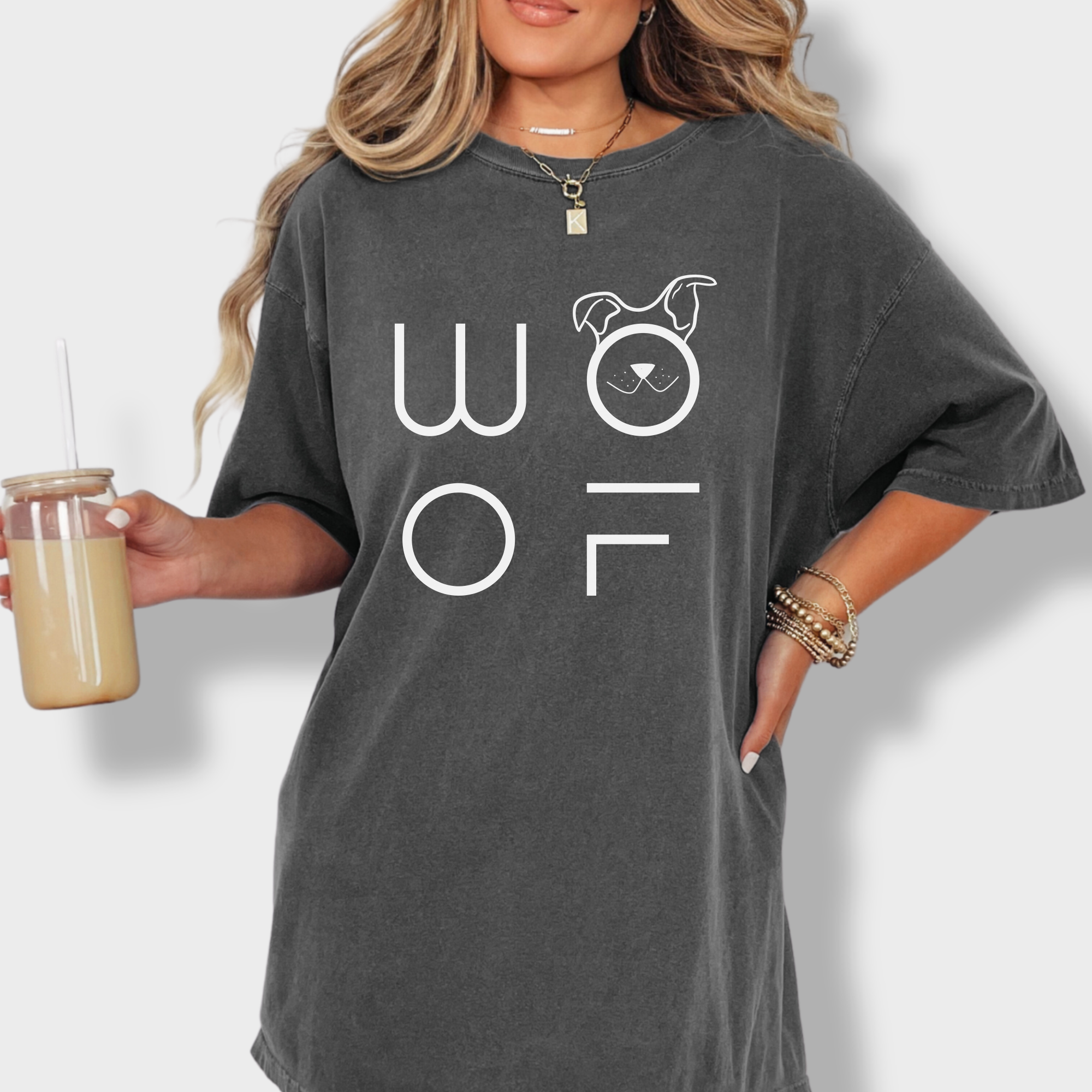 Minimalist WOOF Modern Text Design Dog Text Comfort Colors T-Shirt in Pepper-Fetch N Found