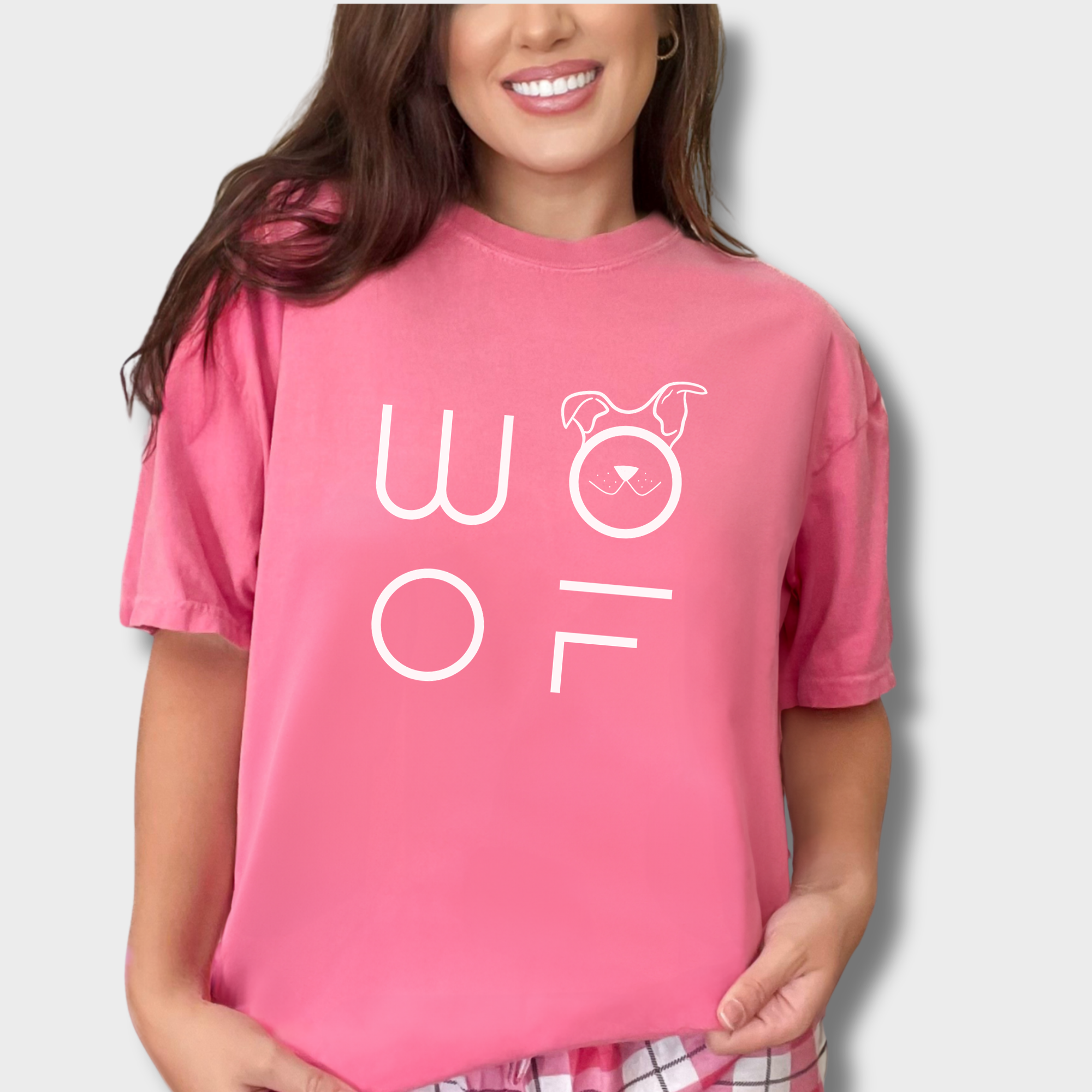 Minimalist WOOF Modern Text Design Dog Text Comfort Colors T-Shirt in Crunchberry-Fetch N Found