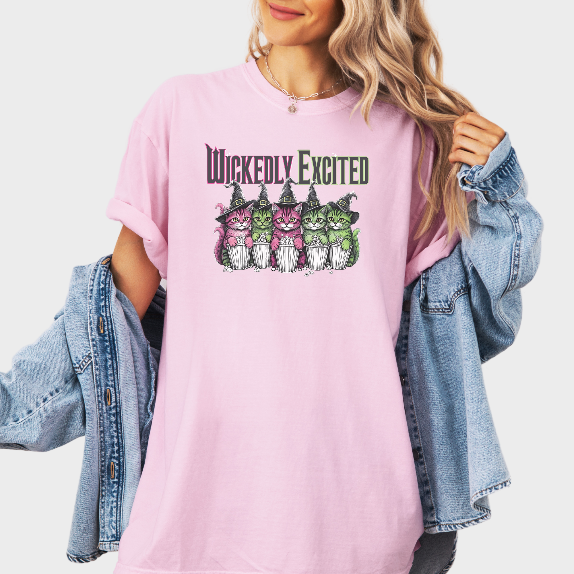 Movie-Inspired Wickedly Excited Movie Going Kitties Cat Graphic Comfort Colors T-Shirt in Blossom-T-Shirt-Blossom-Fetch N Found