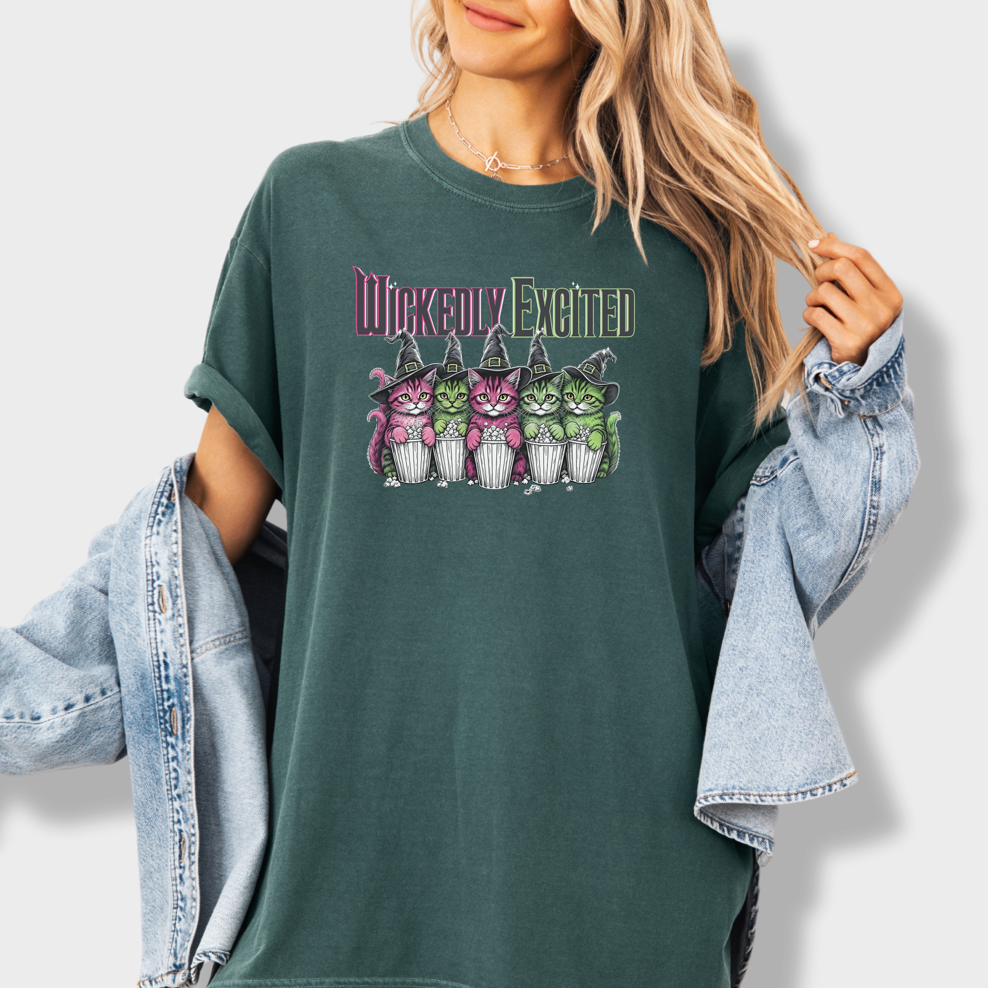 Movie-Inspired Wickedly Excited Movie Going Kitties Cat Graphic Comfort Colors T-Shirt in Blue Spruce-T-Shirt-Blue Spruce-Fetch N Found