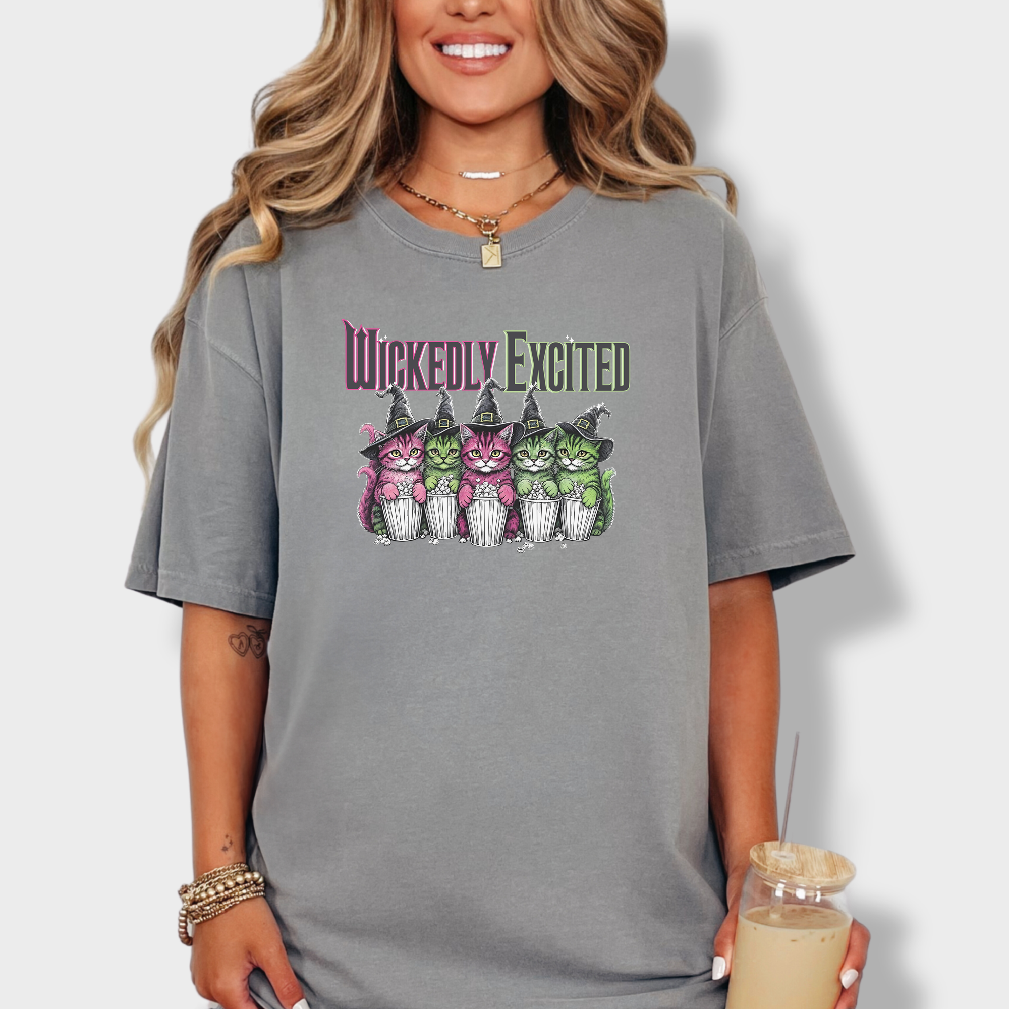 Movie-Inspired Wickedly Excited Movie Going Kitties Cat Graphic Comfort Colors T-Shirt in Gray-T-Shirt-Gray-Fetch N Found
