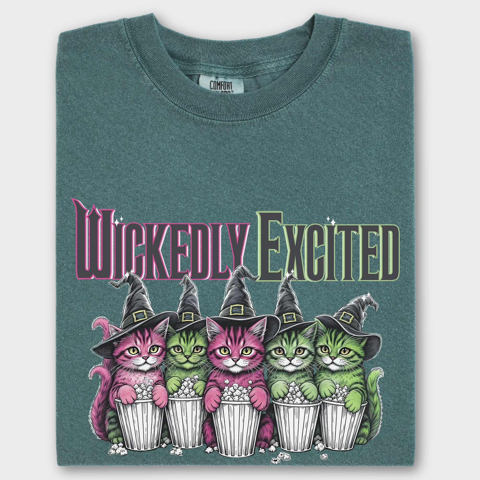 Movie-Inspired Wickedly Excited Movie Going Kitties Cat Graphic Comfort Colors T-Shirt in Blue Spruce-T-Shirt-Blue Spruce-Fetch N Found
