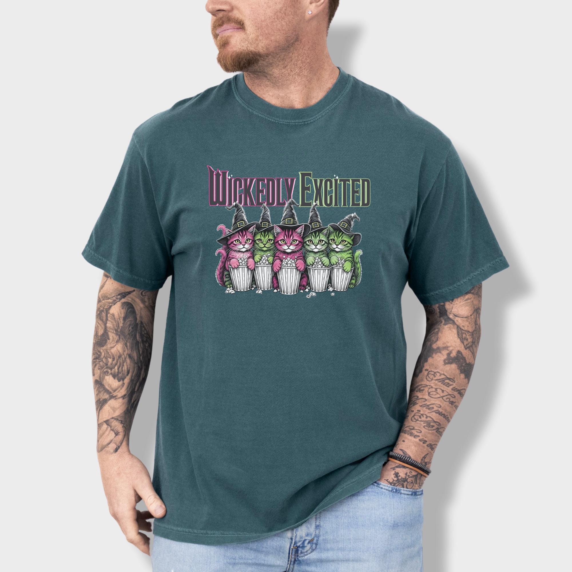 Movie-Inspired Wickedly Excited Movie Going Kitties Cat Graphic Comfort Colors T-Shirt in Blue Spruce-T-Shirt-Blue Spruce-Fetch N Found