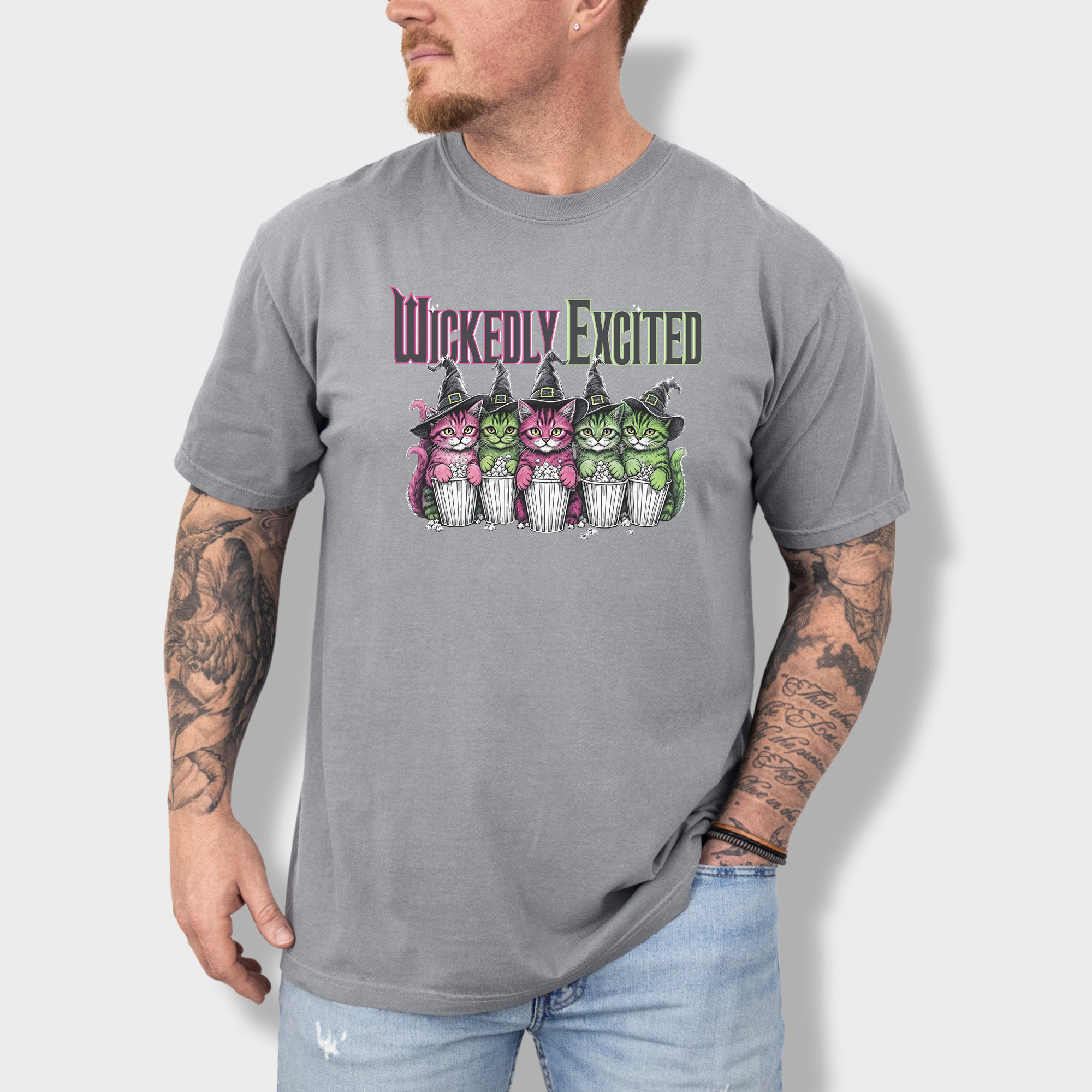 Movie-Inspired Wickedly Excited Movie Going Kitties Cat Graphic Comfort Colors T-Shirt in Gray-T-Shirt-Gray-Fetch N Found