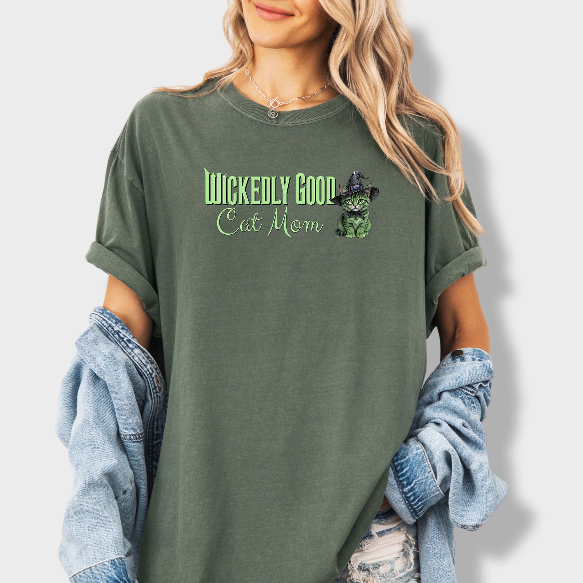 Movie-Inspired Green Wickedly Good Cat Mom Cat Graphic Comfort Colors T-Shirt in Moss-T-Shirt-Moss-Fetch N Found