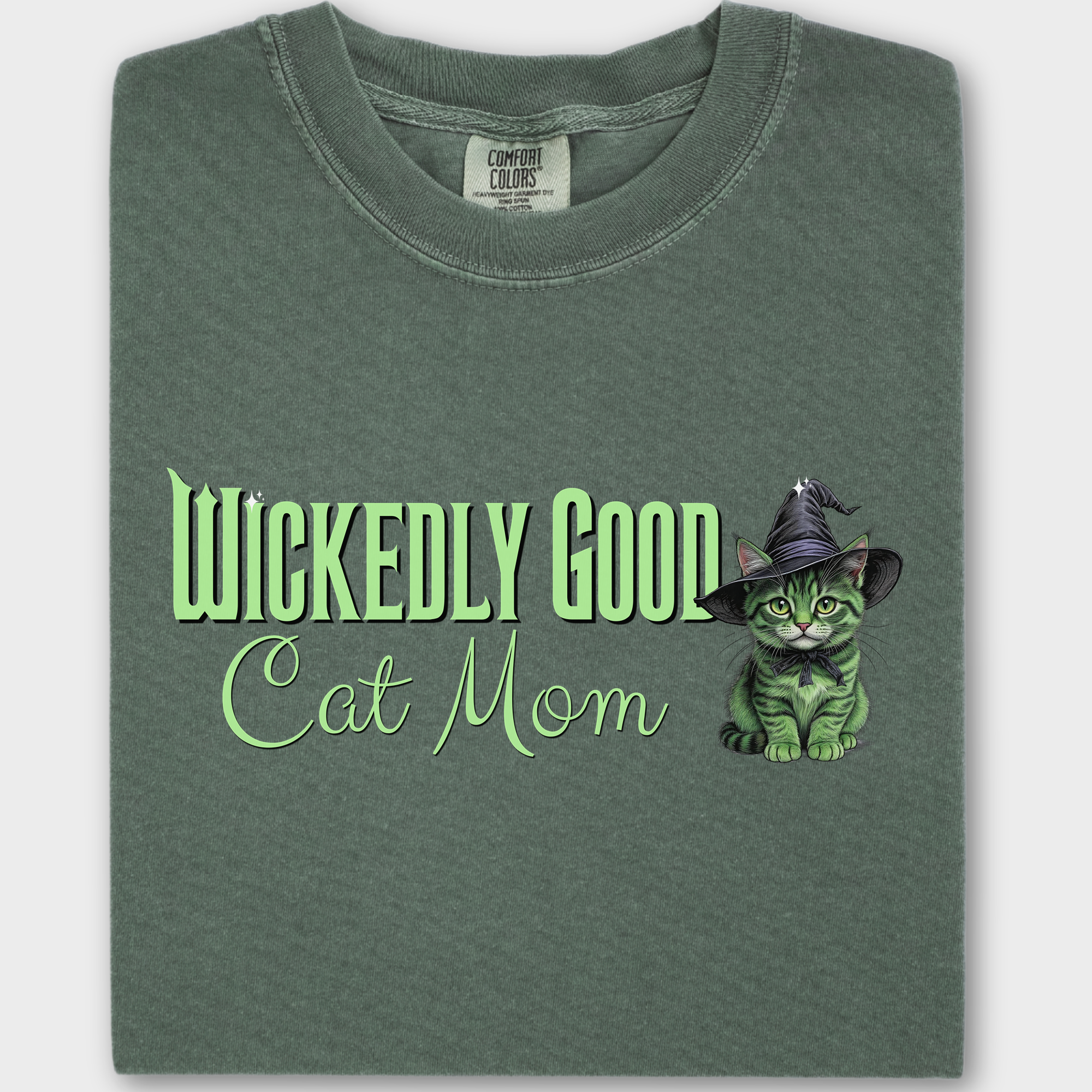 Movie-Inspired Green Wickedly Good Cat Mom Cat Graphic Comfort Colors T-Shirt in Moss-T-Shirt-Moss-Fetch N Found