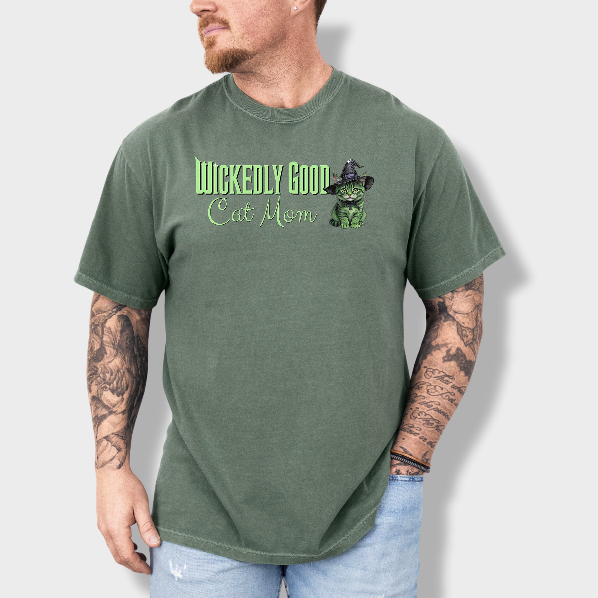 Movie-Inspired Green Wickedly Good Cat Mom Cat Graphic Comfort Colors T-Shirt in Moss-T-Shirt-Moss-Fetch N Found