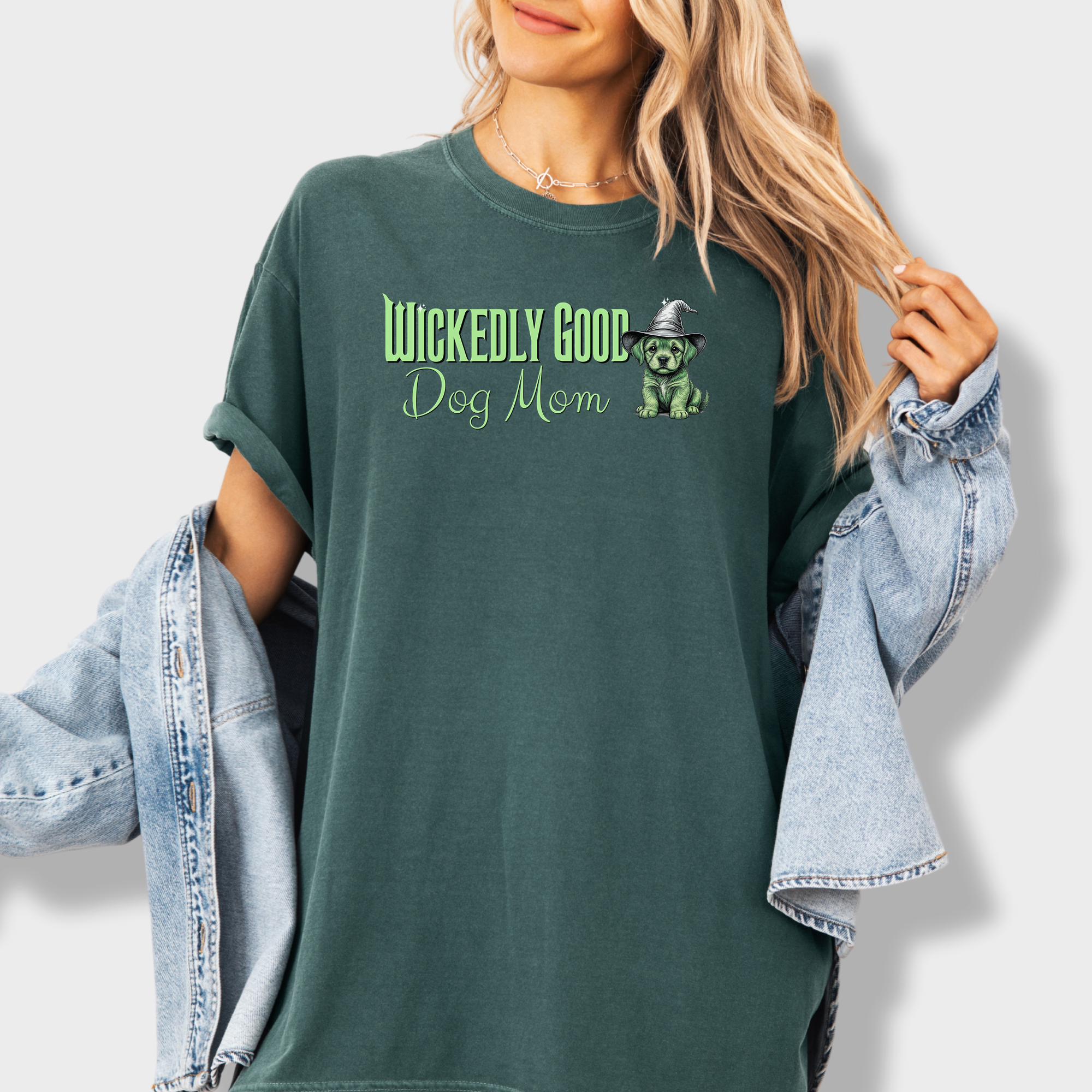 Movie-Inspired Green Wickedly Good Dog Mom Dog Graphic Comfort Colors T-Shirt in Blue Spruce-T-Shirt-Blue Spruce-Fetch N Found