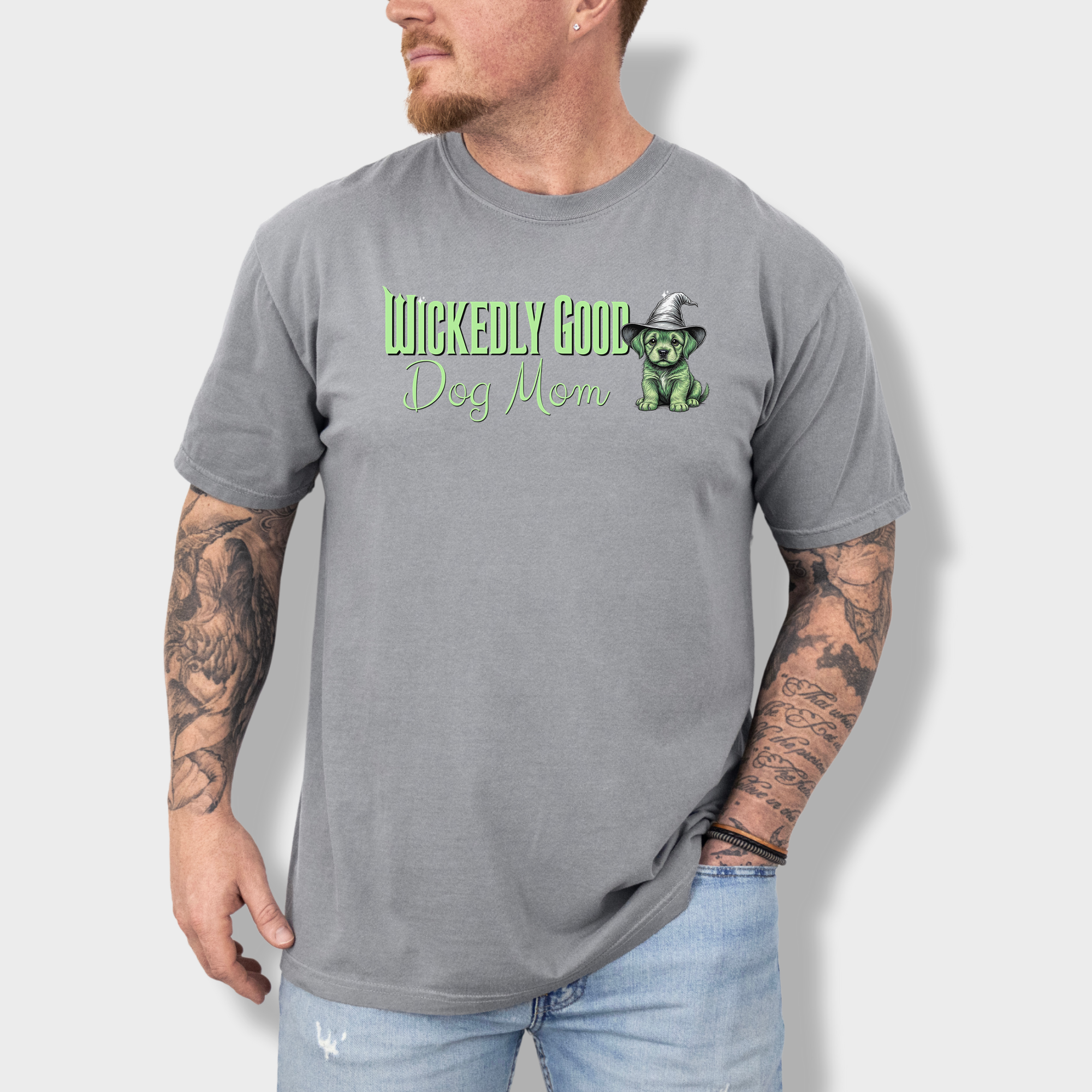Movie-Inspired Green Wickedly Good Dog Mom Dog Graphic Comfort Colors T-Shirt in Gray-T-Shirt-Gray-Fetch N Found
