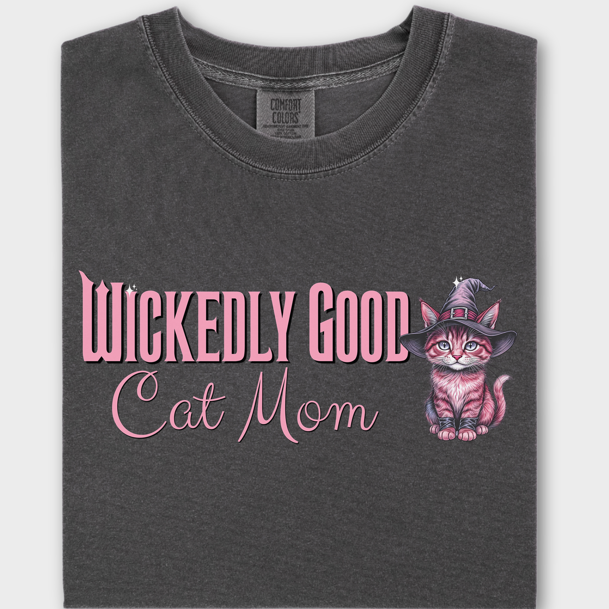 Movie-Inspired Pink Wickedly Good Cat Mom Cat Graphic Comfort Colors T-Shirt in Pepper-T-Shirt-Pepper-Fetch N Found