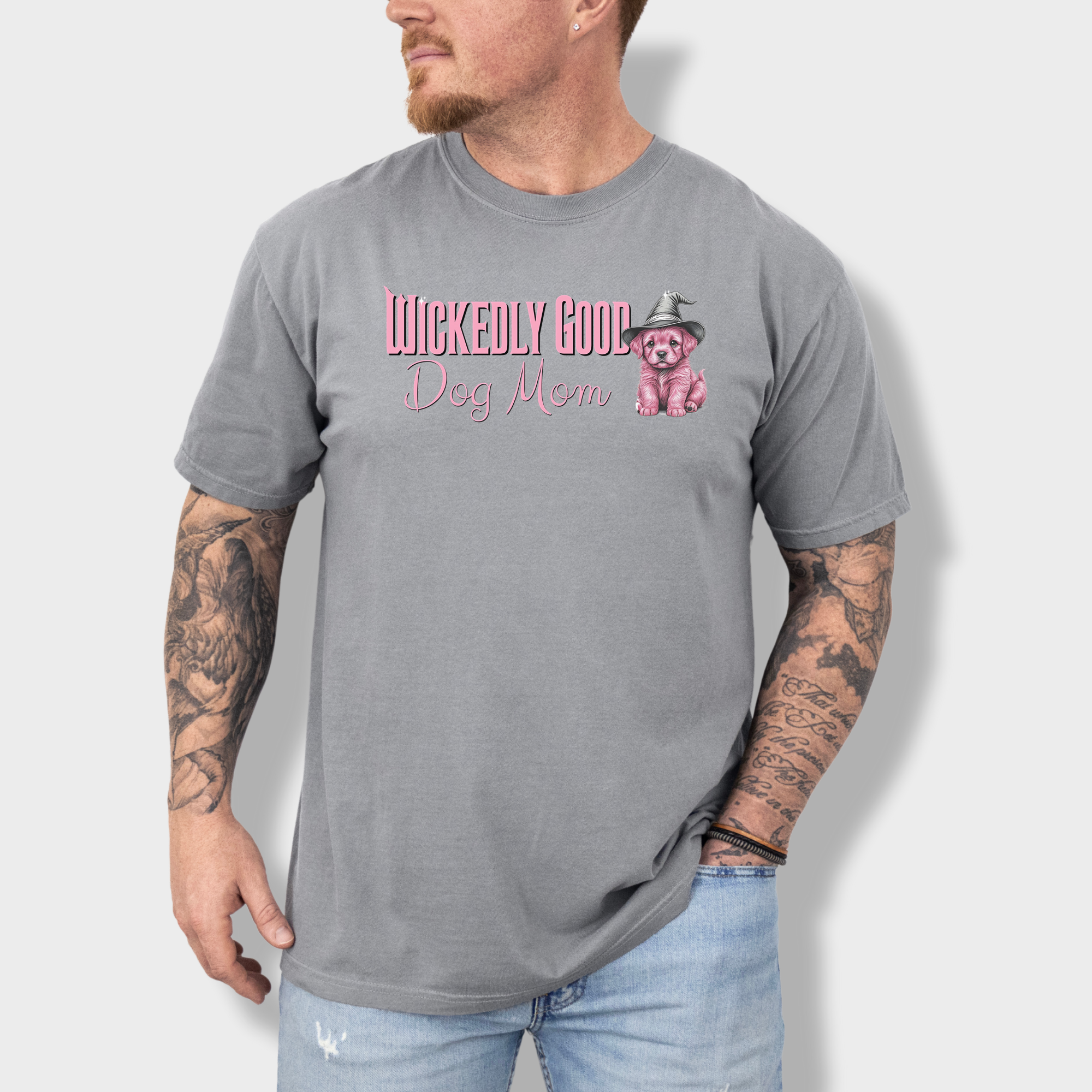 Movie-Inspired Pink Wickedly Good Dog Mom Dog Graphic Comfort Colors T-Shirt in Gray-T-Shirt-Gray-Fetch N Found