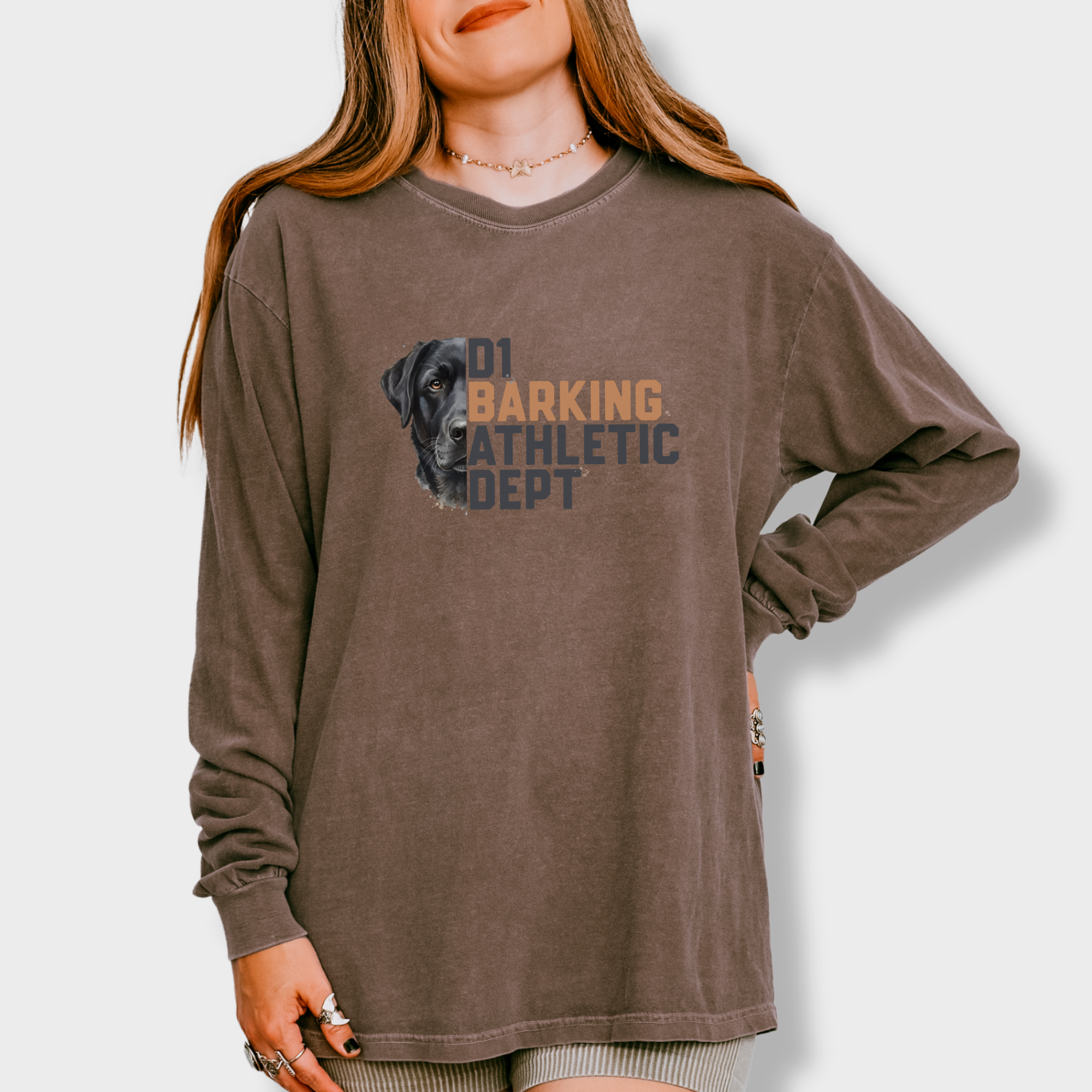fetch-n-found unisex tee for men and women featuring , D1 Barking Athletic Department Espresso graphic T-Shirt made of 100% cotton - Espresso Model 1