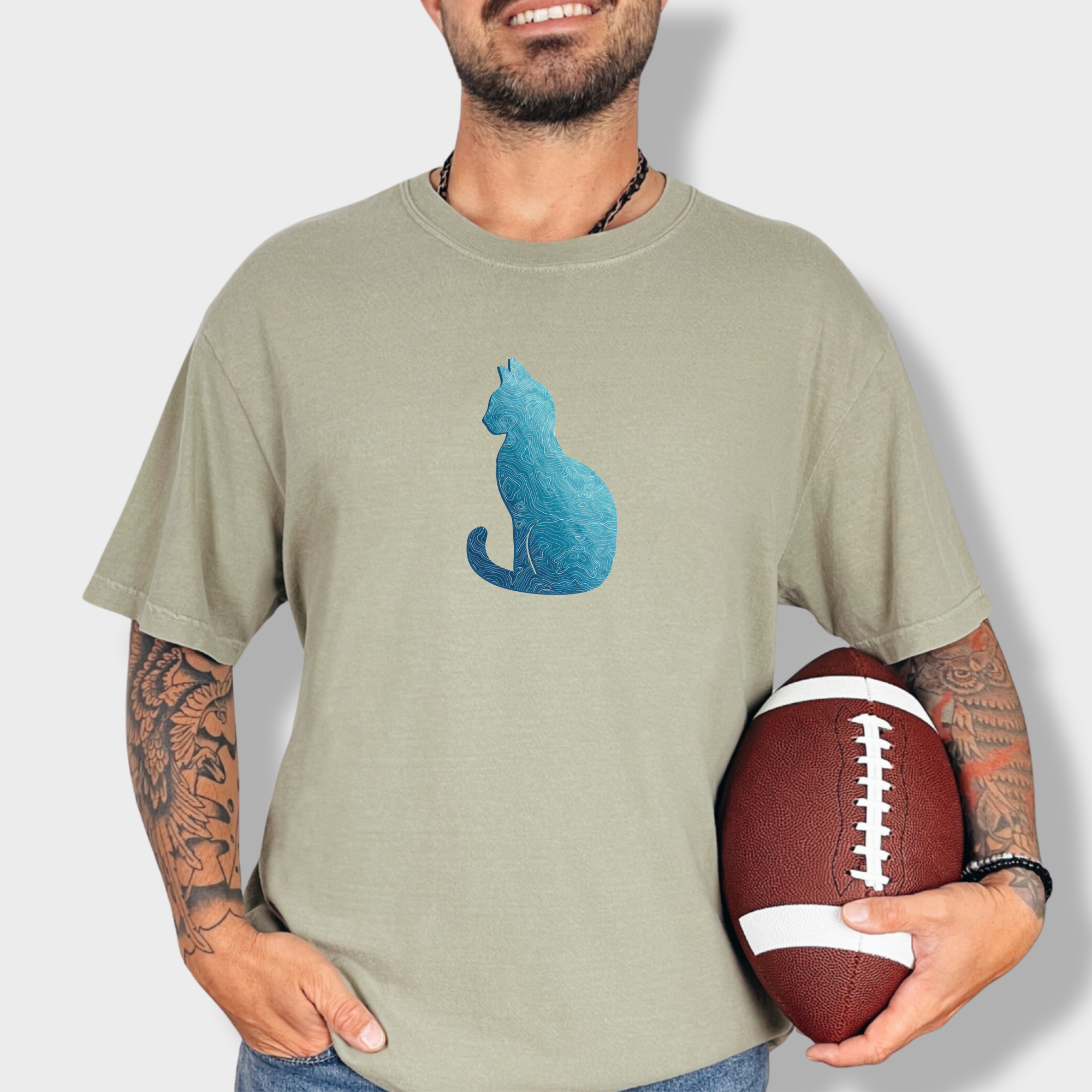 Comfort Colors® Cat unisex tee for men and women featuring Artistic, Topographical Cat Khaki graphic T-Shirt made of 100% cotton by Fetch N Found - Khaki Lifestyle Male Model