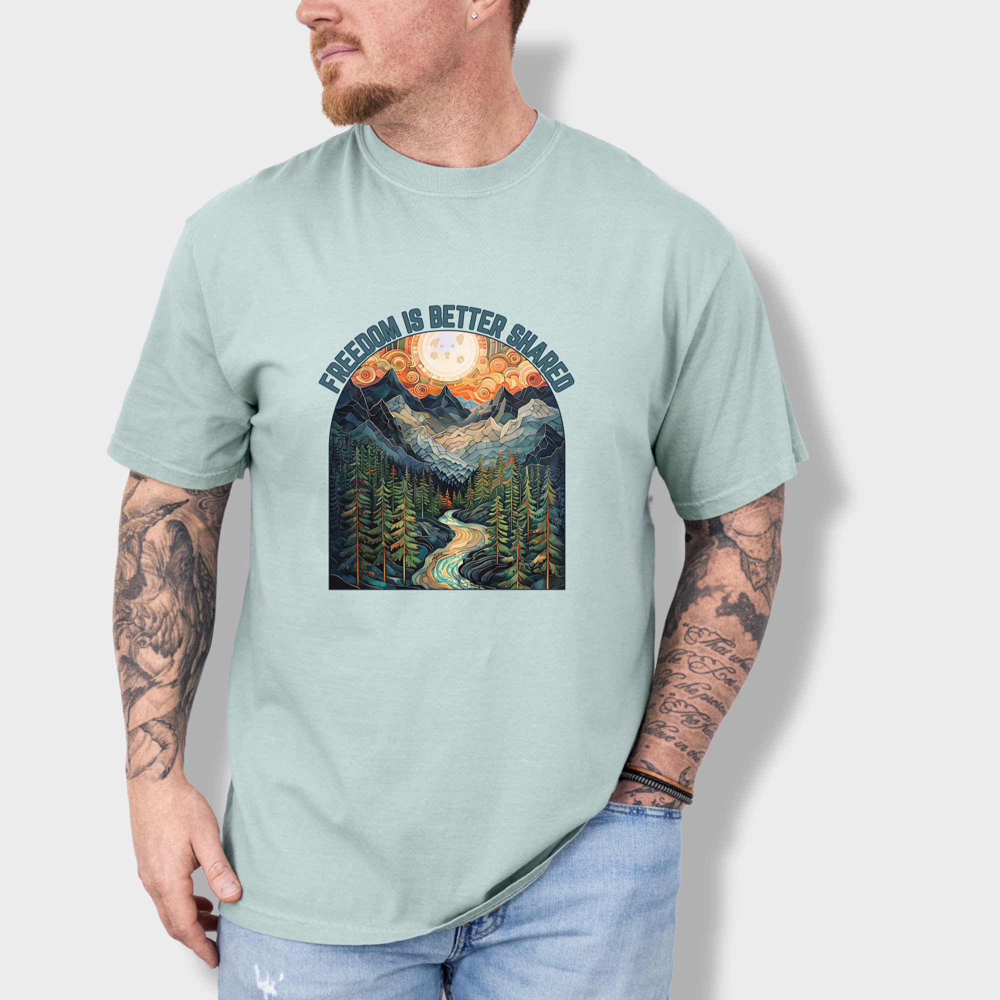 artistic-mountain-freedom-is-better-shared-stained-glass-version-dog-graphic-comfort-colors-t-shirt-in-granite - Granite Lifestyle Male Model