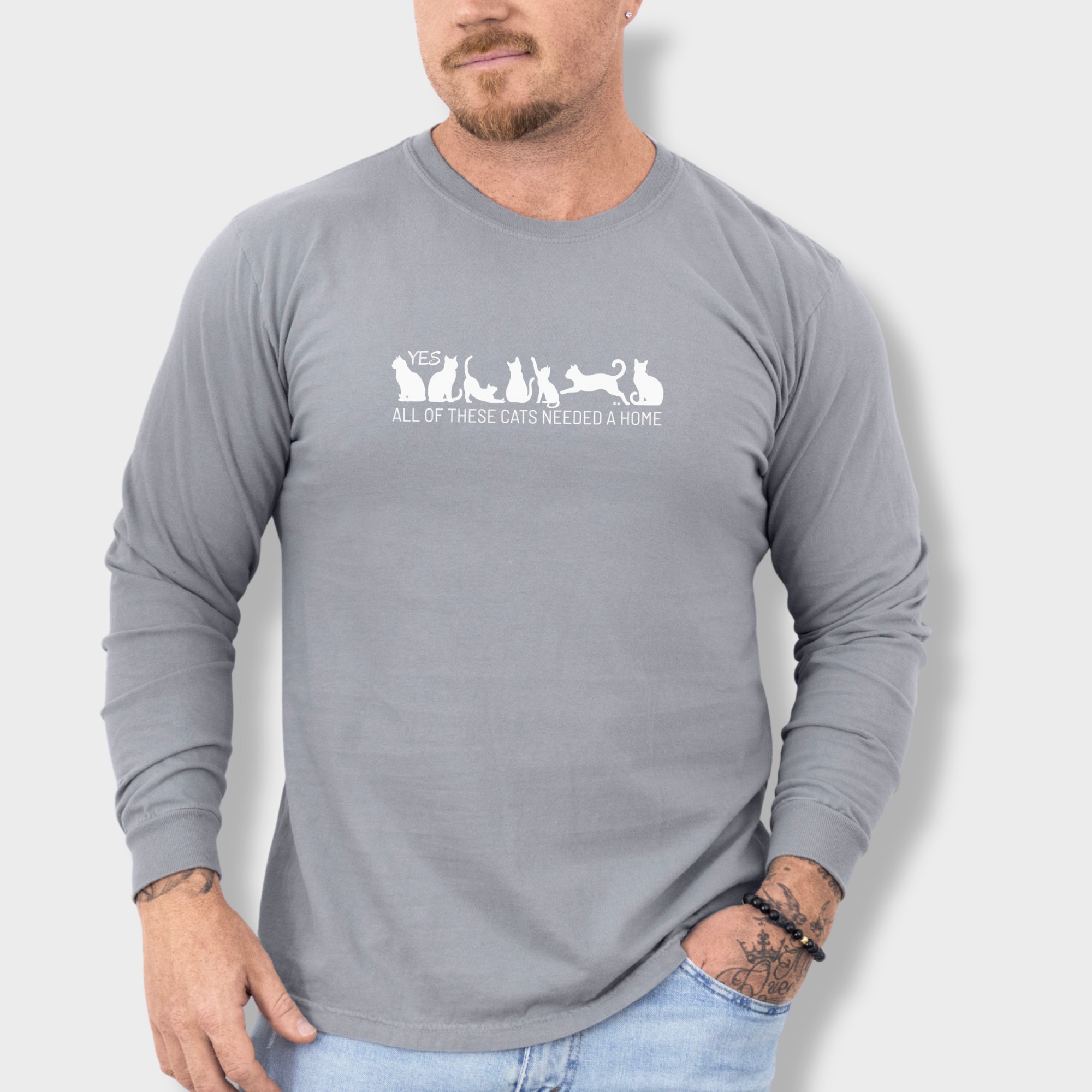fetch-n-found unisex tee for men and women featuring , Yes all of these cats needed a home Grey graphic T-Shirt made of 100% cotton - Grey Model 2