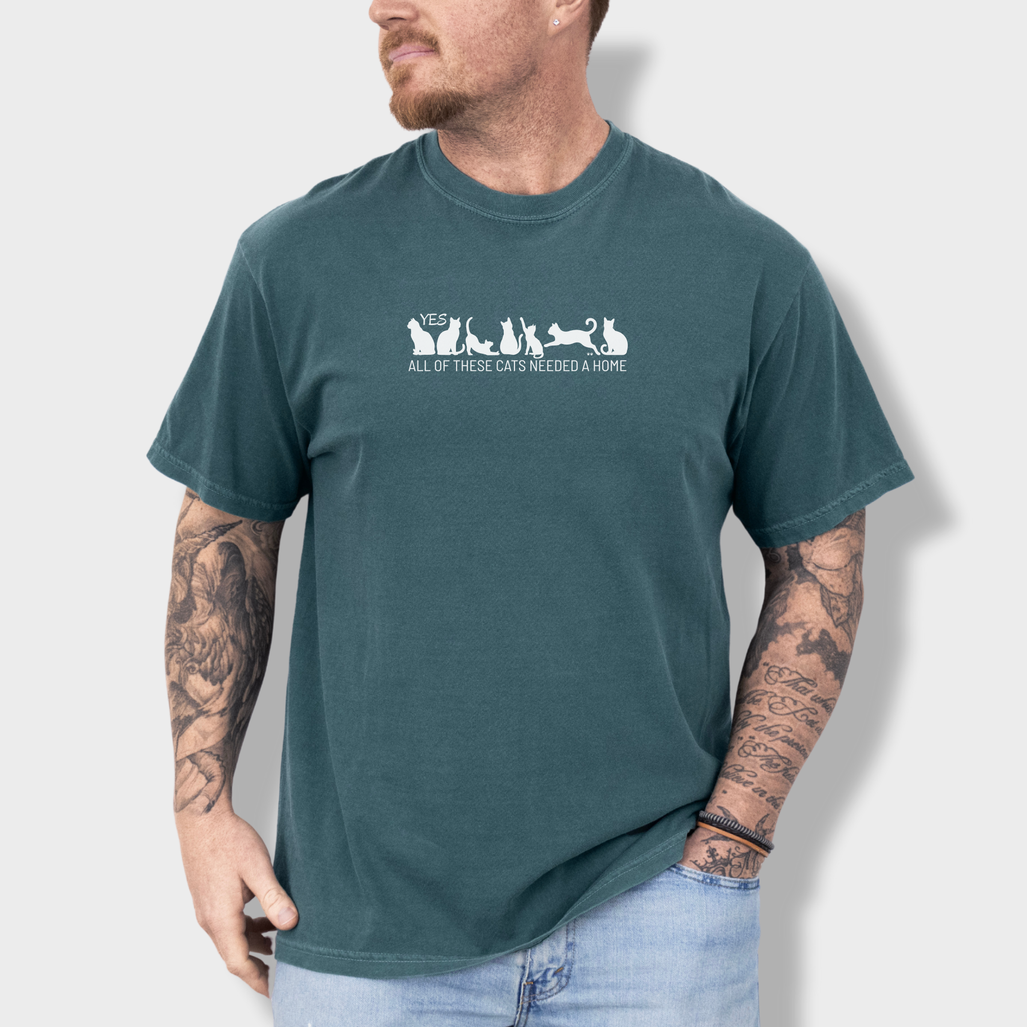 fetch-n-found unisex tee for men and women featuring , Yes all of these cats needed a home Blue Spruce graphic T-Shirt made of 100% cotton - Blue Spruce Lifestyle Male Model