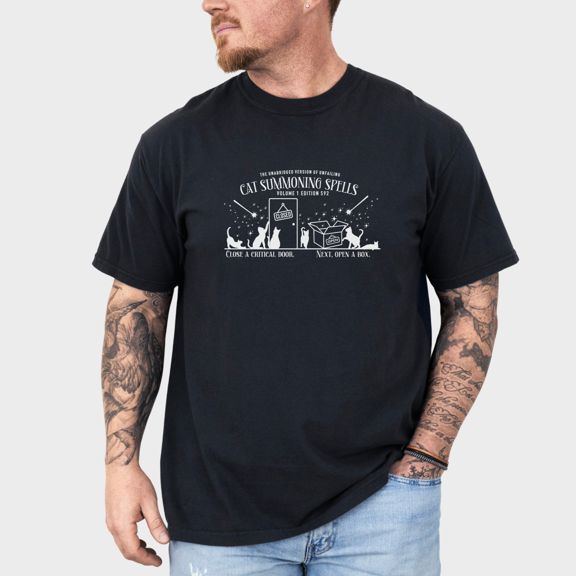 cat-summoning-spells-t-shirt-in-black - Black Lifestyle Male Model