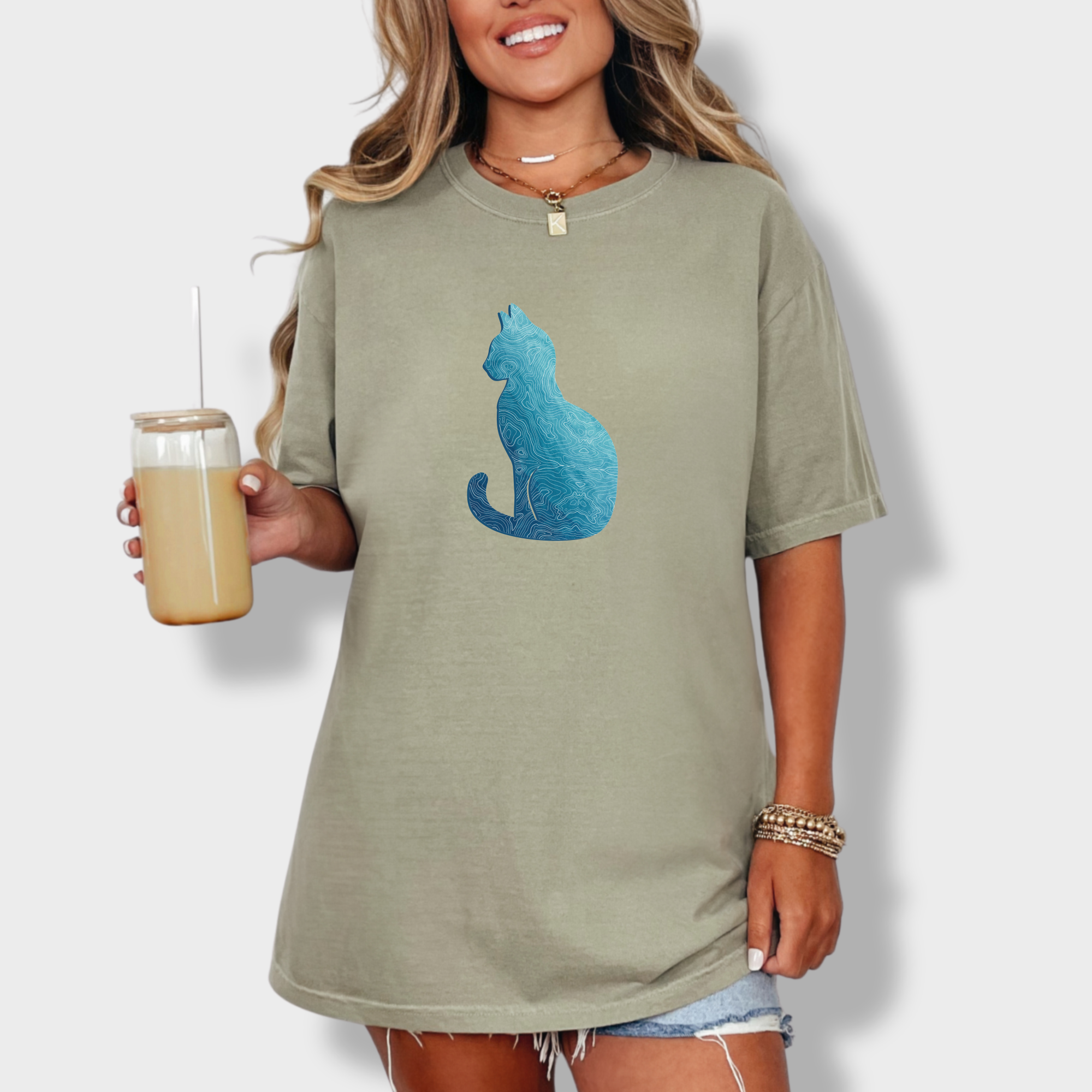 Comfort Colors® Cat unisex tee for men and women featuring Artistic, Topographical Cat Khaki graphic T-Shirt made of 100% cotton by Fetch N Found - Khaki Lifestyle Female Model