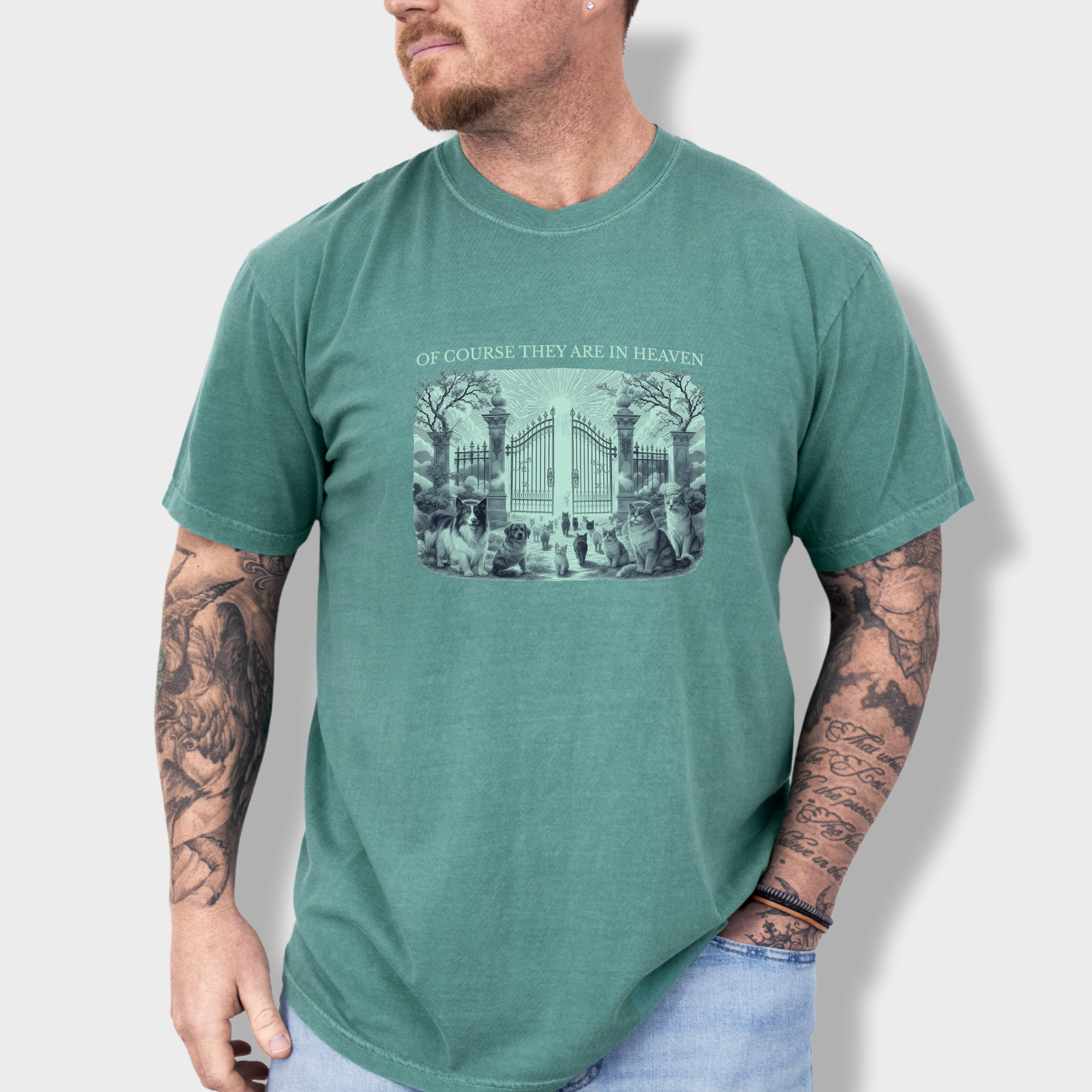 fetch-n-found unisex tee for men and women featuring , Of Course They Are In Heaven Green Light Green graphic T-Shirt made of 100% cotton - Light Green Lifestyle Male Model