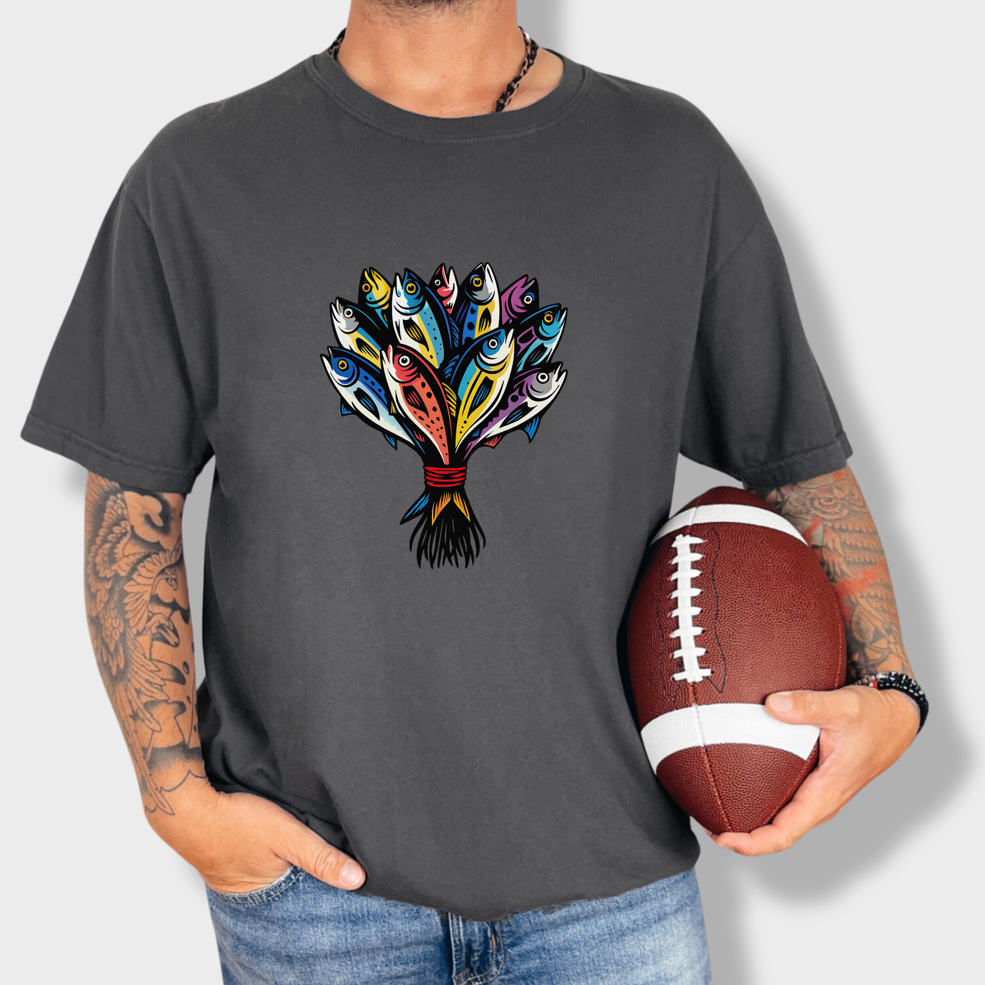 artistic-fish-bouquet-a-cats-dream-cat-graphic-comfort-colors-t-shirt-in-graphite - Graphite Lifestyle Male Model