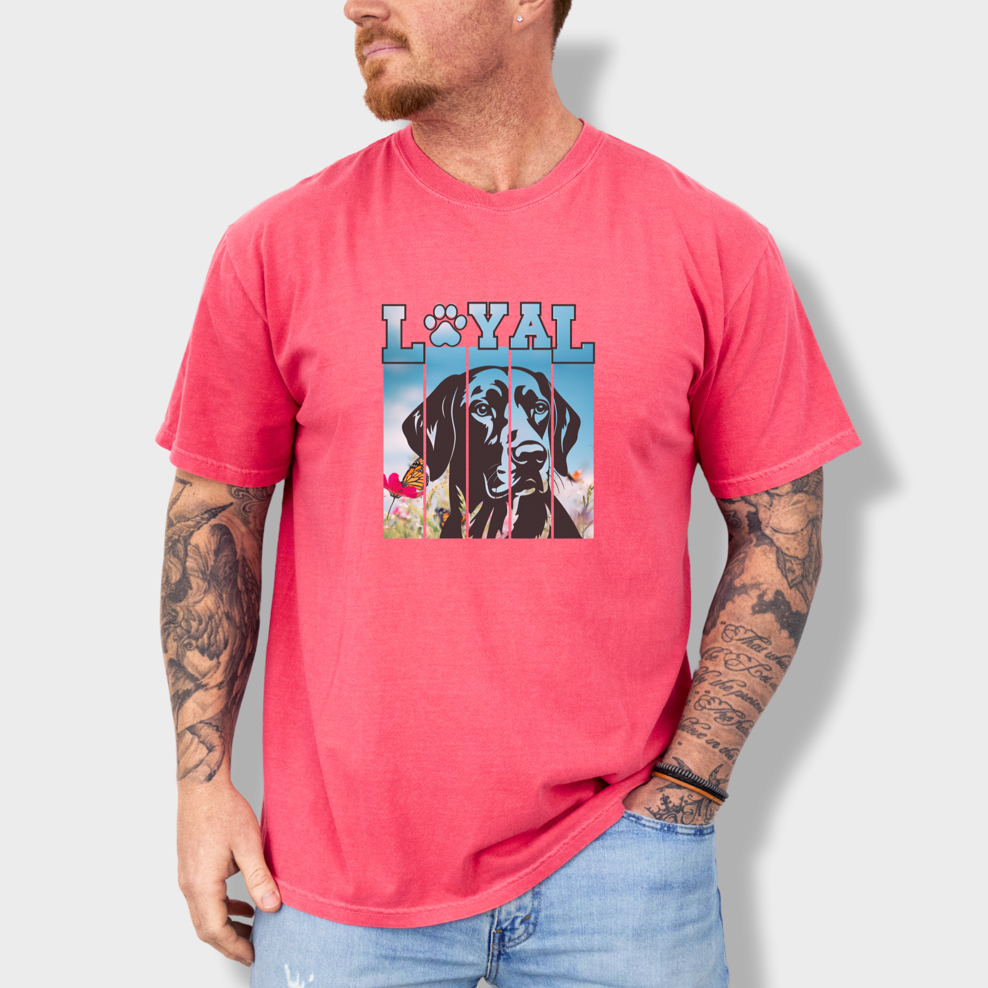artistic-loyal-dog-graphic-comfort-colors-t-shirt-in-watermelon - Watermelon Lifestyle Male Model