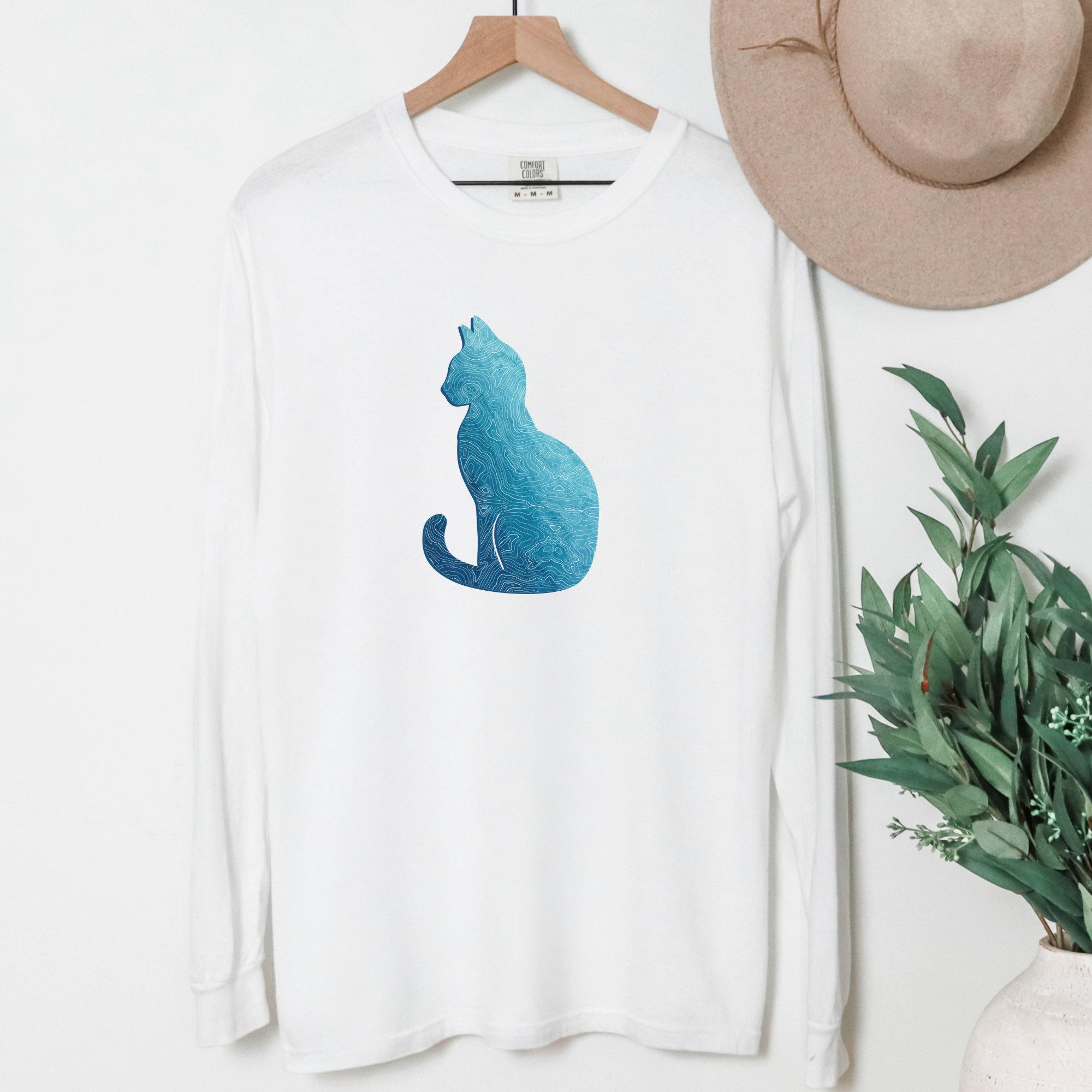 Comfort Colors® Cat unisex tee for men and women featuring Artistic, Topographical Cat White graphic Long Sleeved T-Shirt made of 100% cotton by Fetch N Found - White Hanging Front