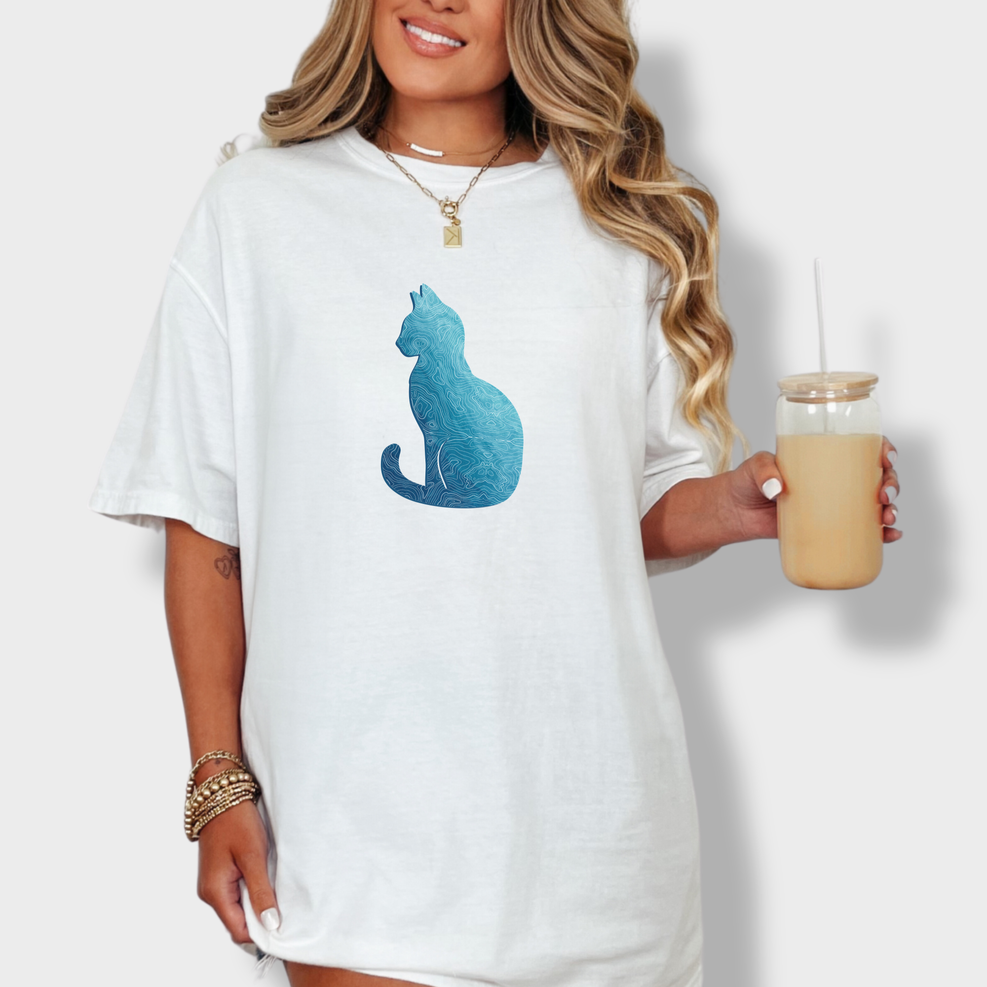 Comfort Colors® Cat unisex tee for men and women featuring Artistic, Topographical Cat White graphic T-Shirt made of 100% cotton by Fetch N Found - White Lifestyle Female Model
