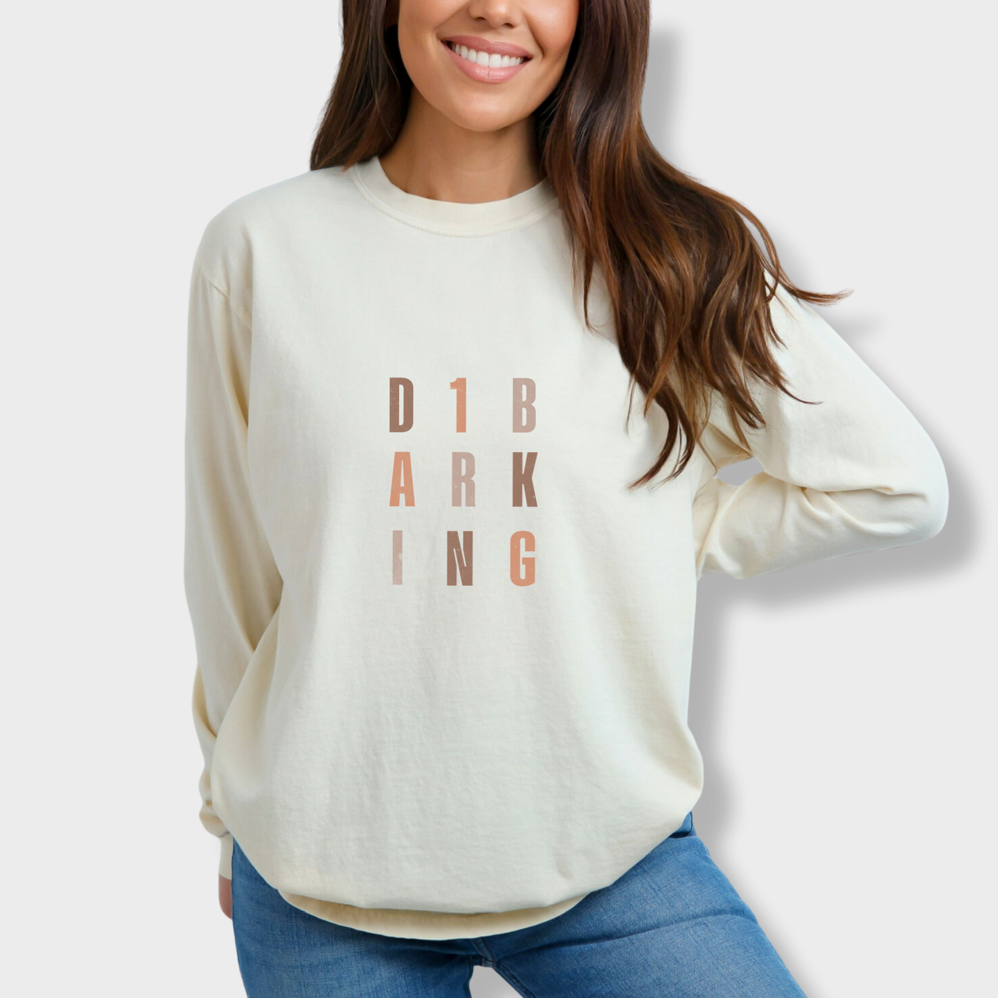 fetch-n-found unisex tee for men and women featuring , D1 Barking Modern Neutral Grid Ivory graphic T-Shirt made of 100% cotton - Ivory Model 2