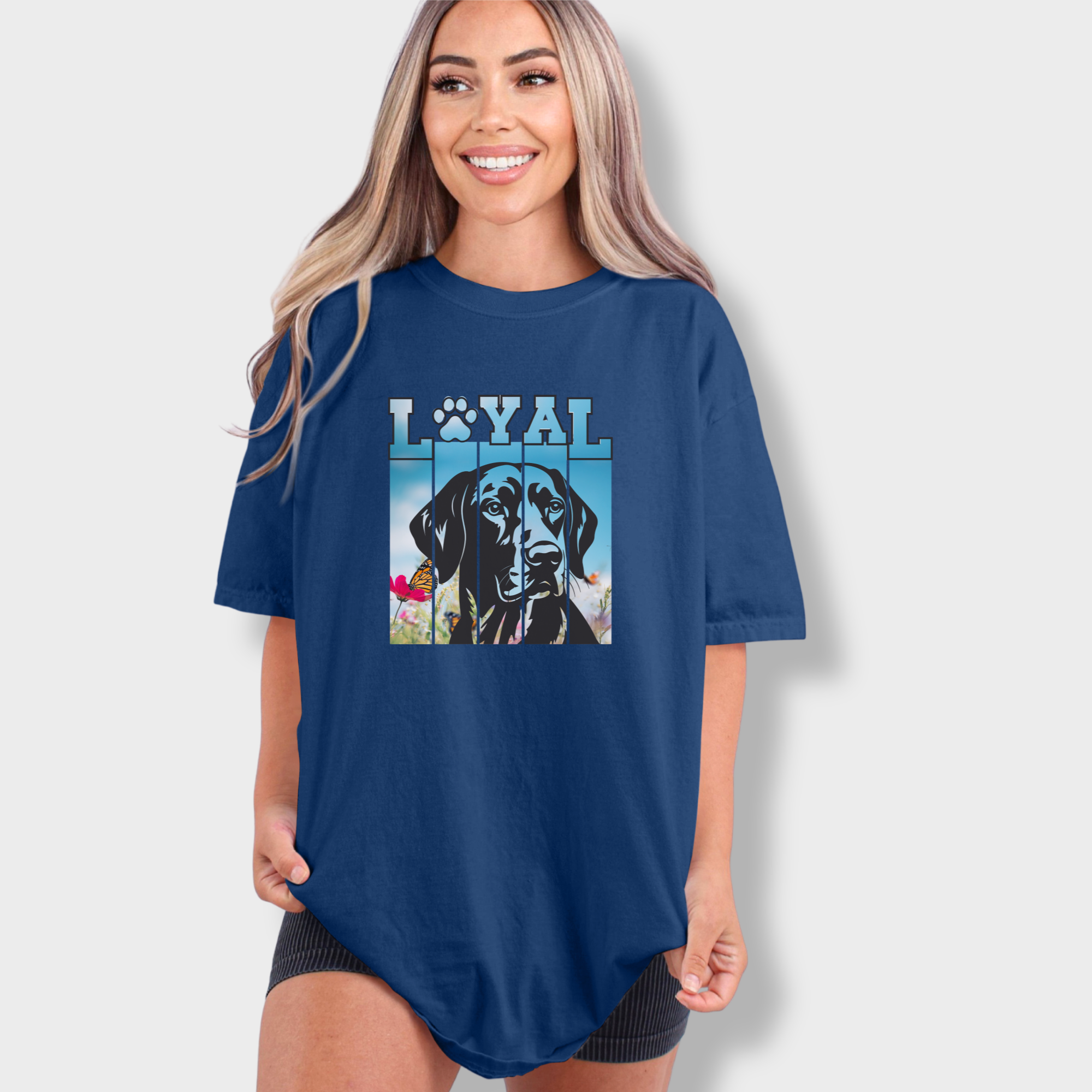 artistic-loyal-dog-graphic-comfort-colors-t-shirt-in-midnight - Midnight Lifestyle Female Model