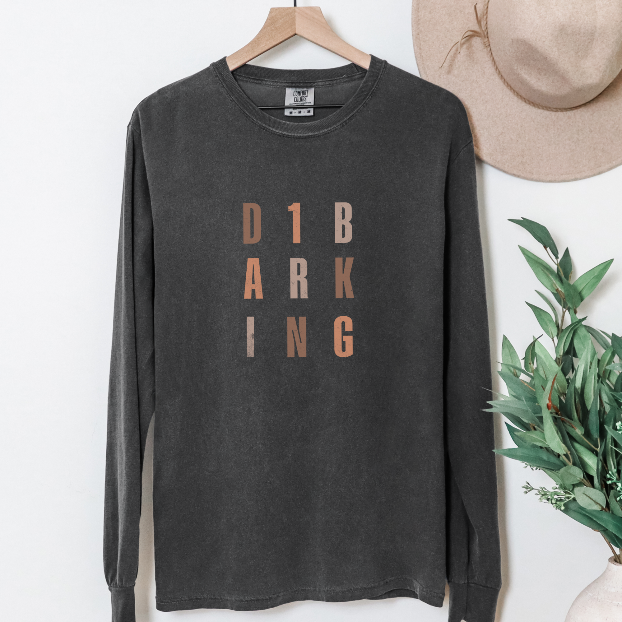 fetch-n-found unisex tee for men and women featuring , D1 Barking Modern Neutral Grid Pepper graphic T-Shirt made of 100% cotton - Pepper Hanging Front