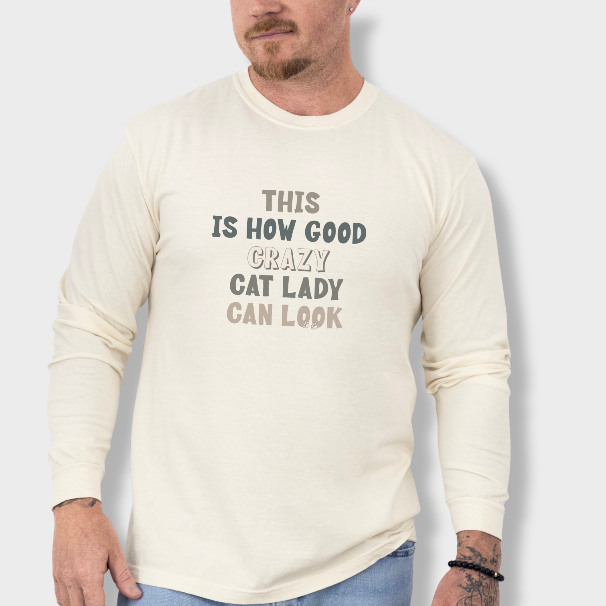 fetch-n-found unisex tee for men and women featuring , This Is How Good Crazy Cat Lady Can Look Ivory graphic T-Shirt made of 100% cotton - Ivory Model 3