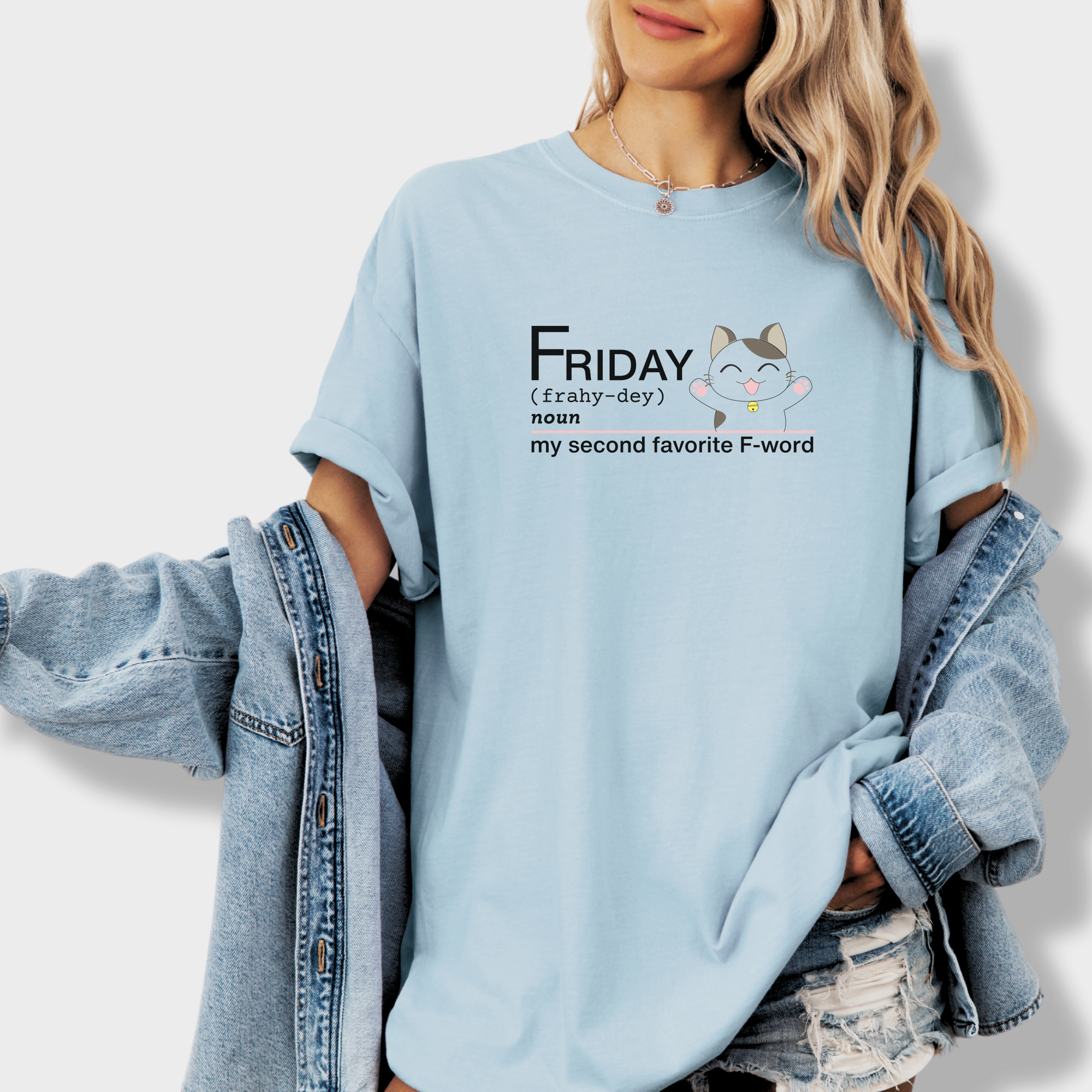 artistic-friday-second-favorite-f-word-cat-text-comfort-colors-t-shirt-in-chambray - Chambray Lifestyle Female Model
