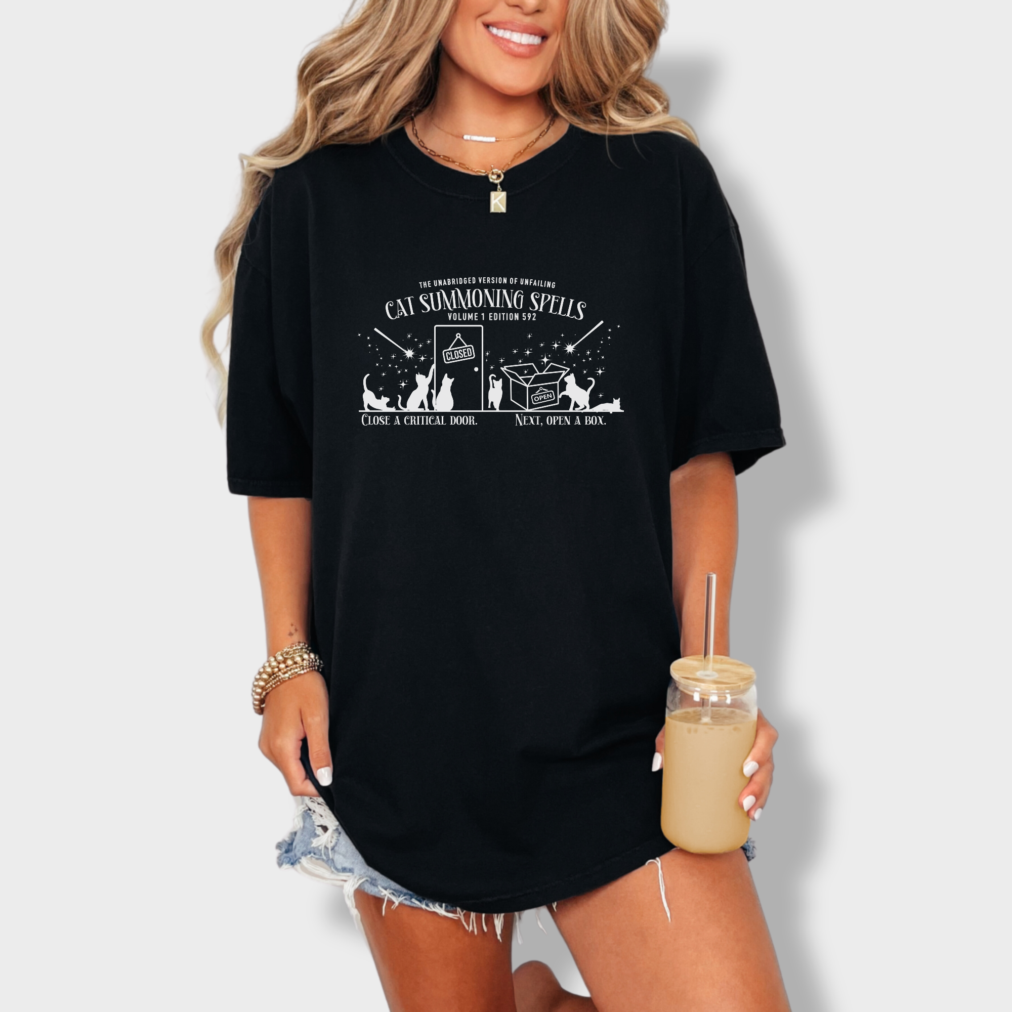 cat-summoning-spells-t-shirt-in-black - Black Lifestyle Female Model