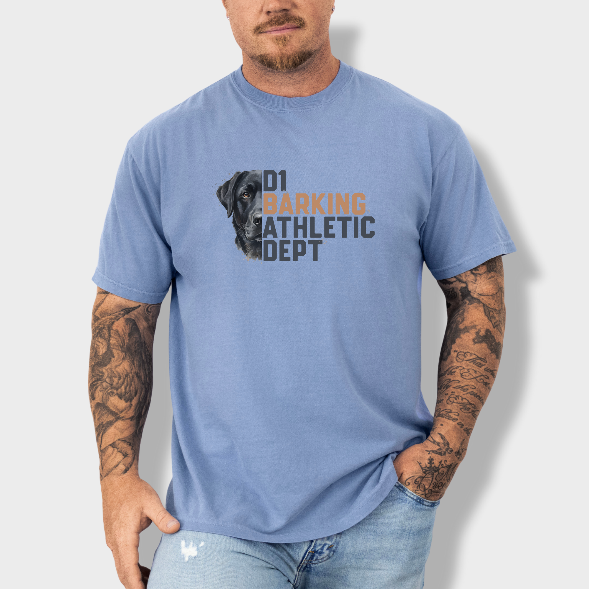 fetch-n-found unisex tee for men and women featuring , D1 Barking Athletic Department Washed Denim graphic T-Shirt made of 100% cotton - Washed Denim Lifestyle Male Model