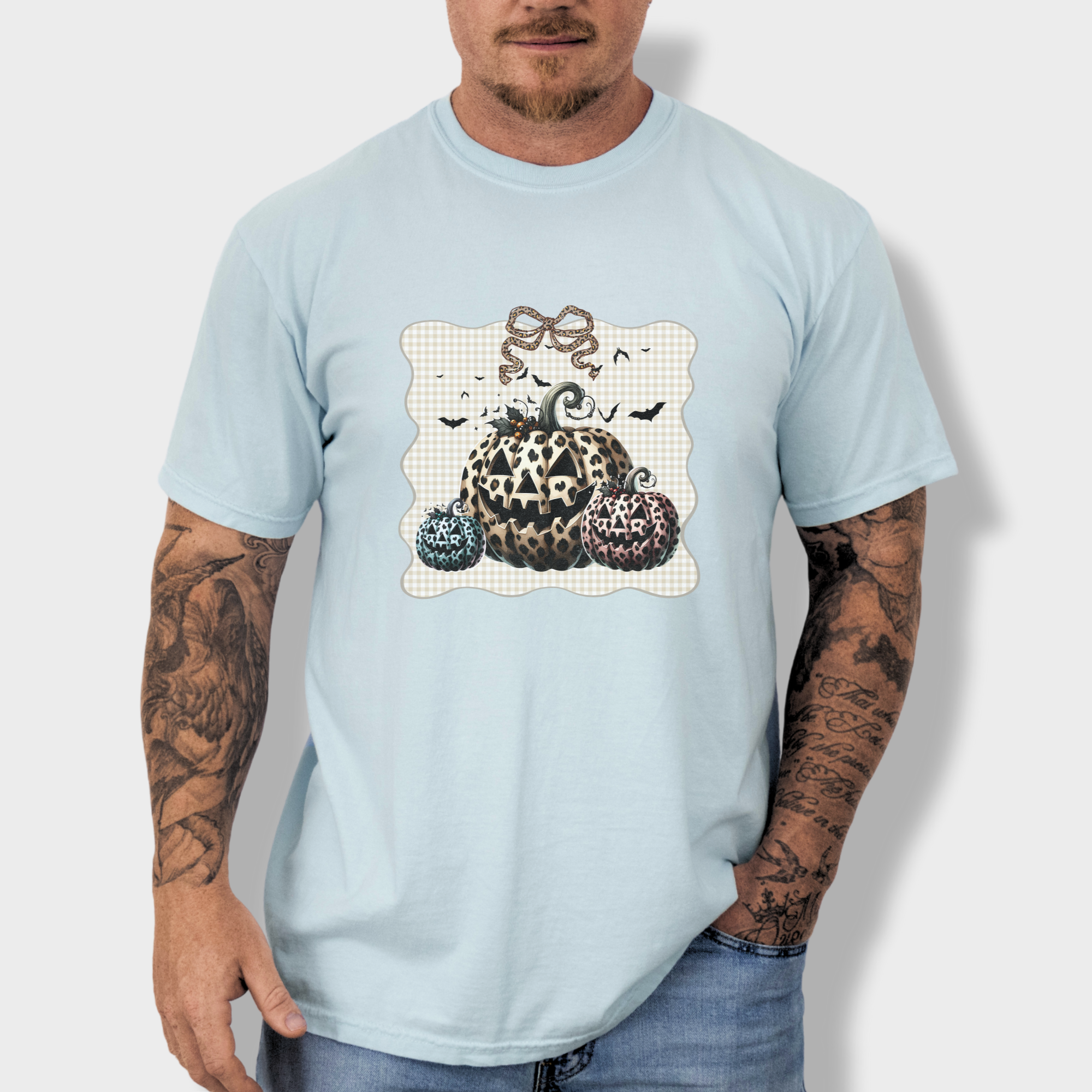 western-preppy-leopard-print-jack-o-lanterns-cat-bow-comfort-colors-t-shirt-in-chambray - Chambray Lifestyle Male Model