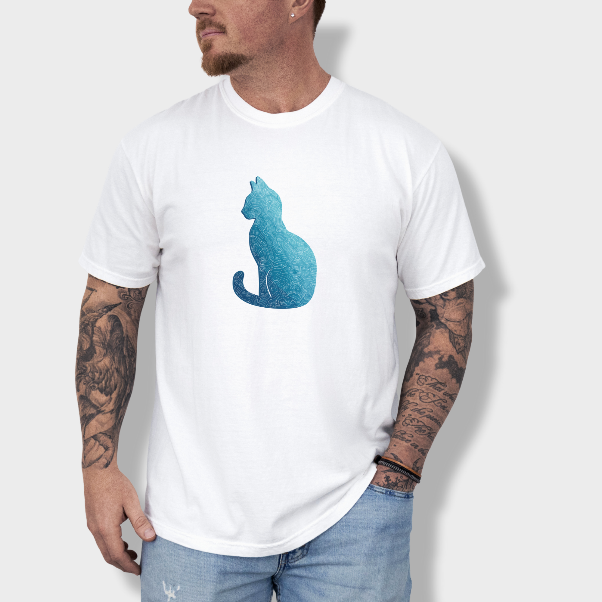 Comfort Colors® Cat unisex tee for men and women featuring Artistic, Topographical Cat White graphic T-Shirt made of 100% cotton by Fetch N Found - White Lifestyle Male Model