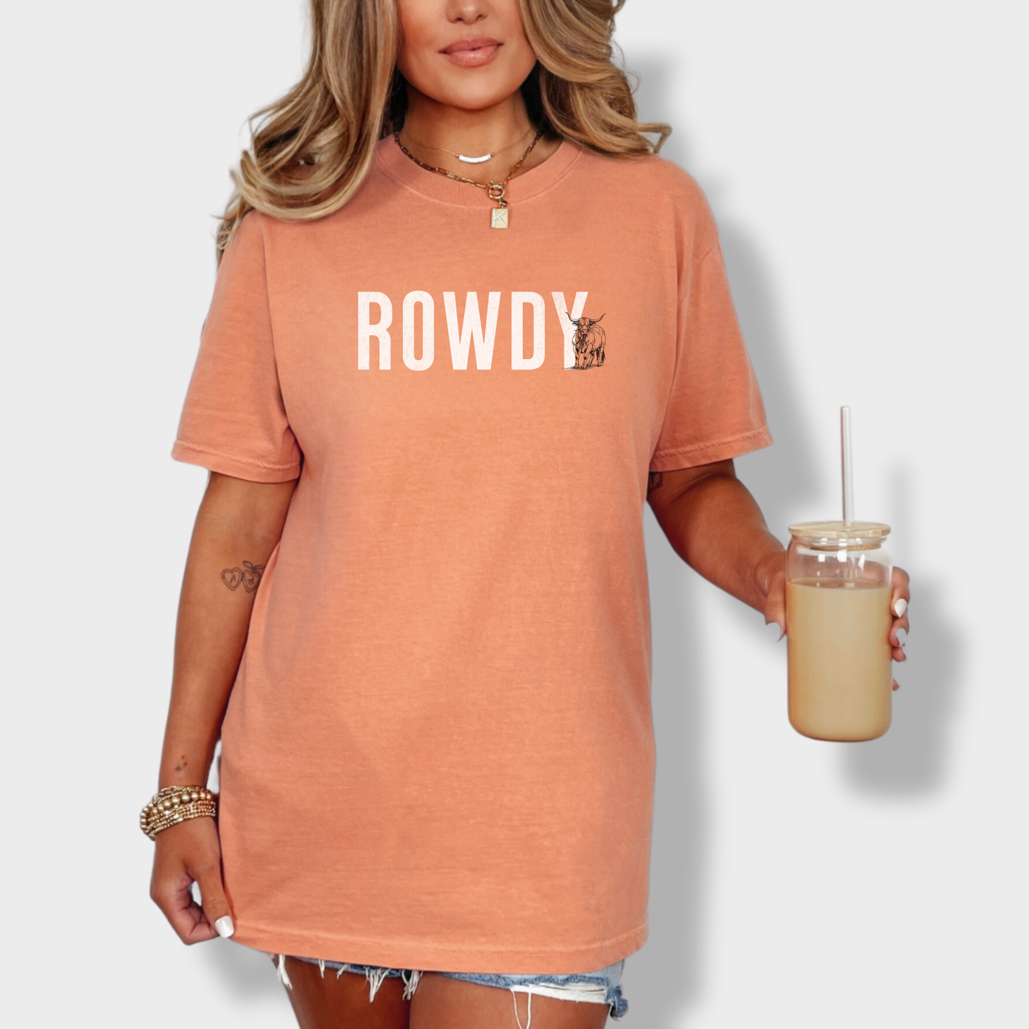 western-rowdy-animal-text-comfort-colors-t-shirt-in-terracotta - Terracotta Lifestyle Female Model