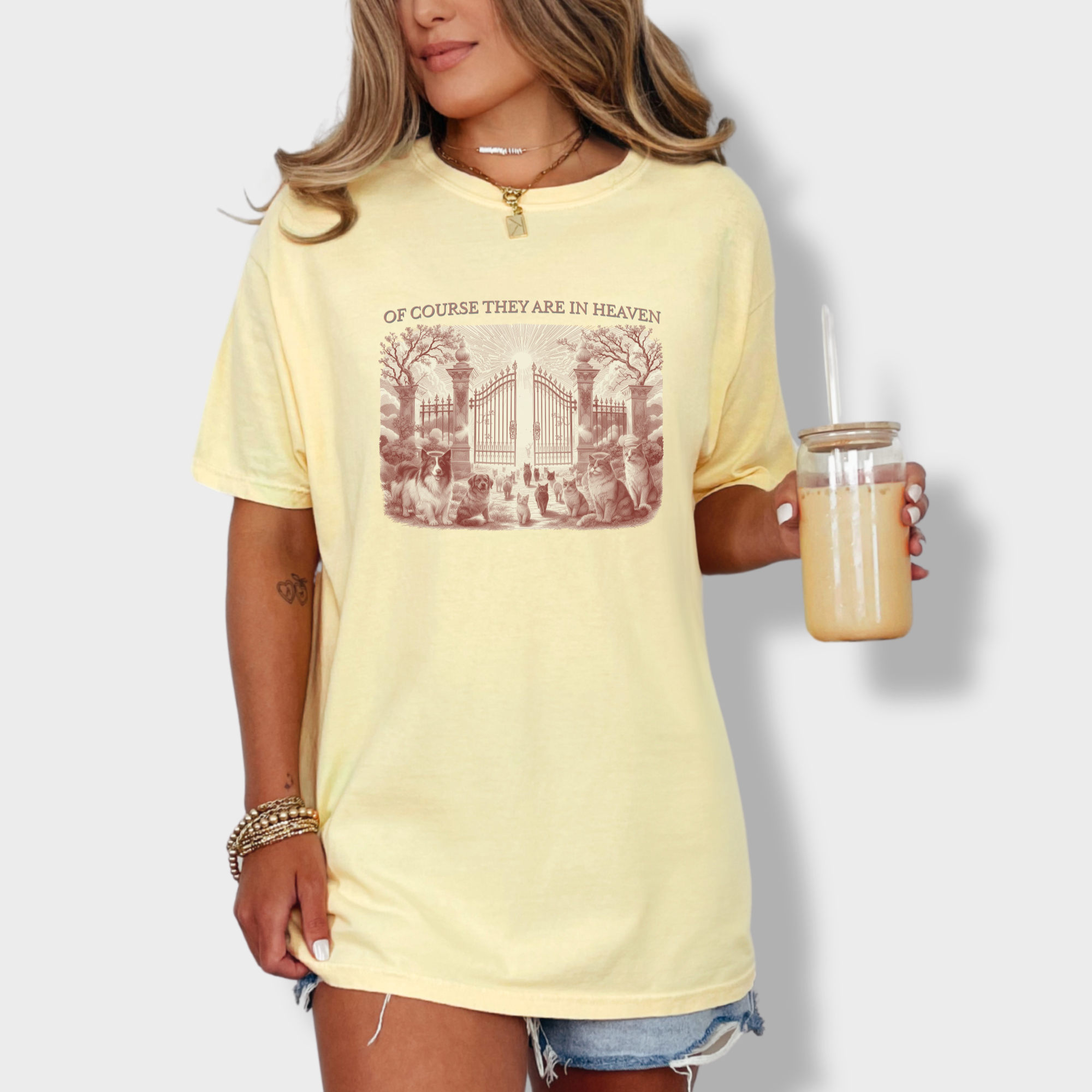 fetch-n-found unisex tee for men and women featuring , Of Course Theey Are In Heaven Yelow Banana graphic T-Shirt made of 100% cotton - Banana Lifestyle Female Model