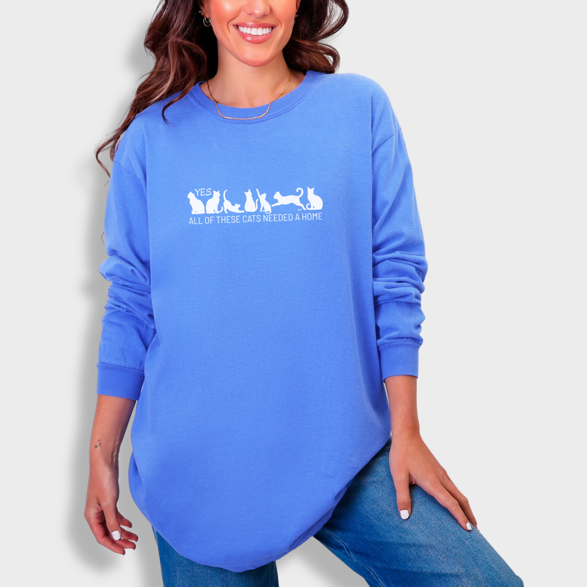 fetch-n-found unisex tee for men and women featuring , Yes all of these cats needed a home Flo Blue graphic T-Shirt made of 100% cotton - Flo Blue Model 1