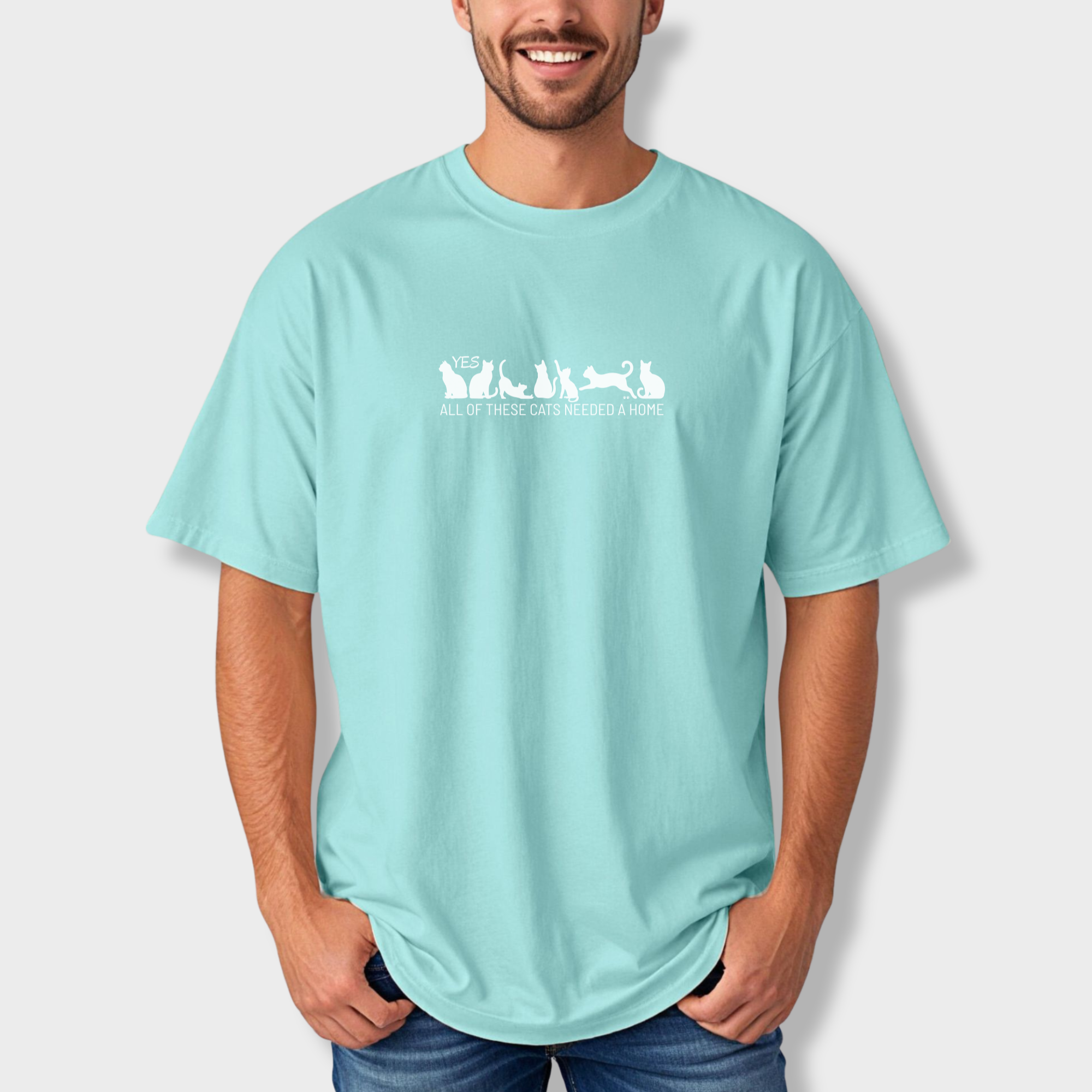 fetch-n-found unisex tee for men and women featuring , Yes all of these cats needed a home Chalky Mint graphic T-Shirt made of 100% cotton - Chalky Mint Lifestyle Male Model