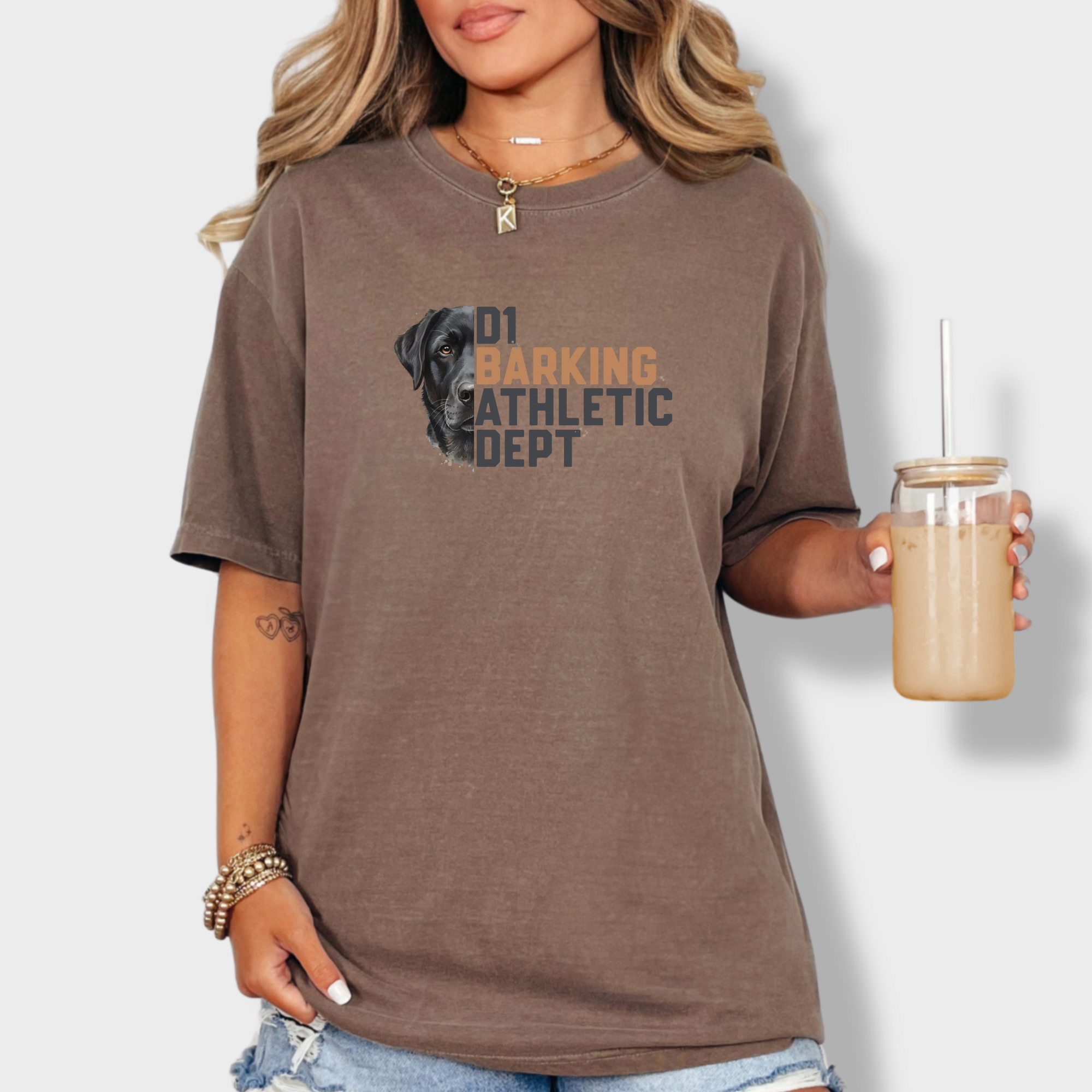 fetch-n-found unisex tee for men and women featuring , D1 Barking Athletic Department Espresso graphic T-Shirt made of 100% cotton - Espresso Lifestyle Female Model